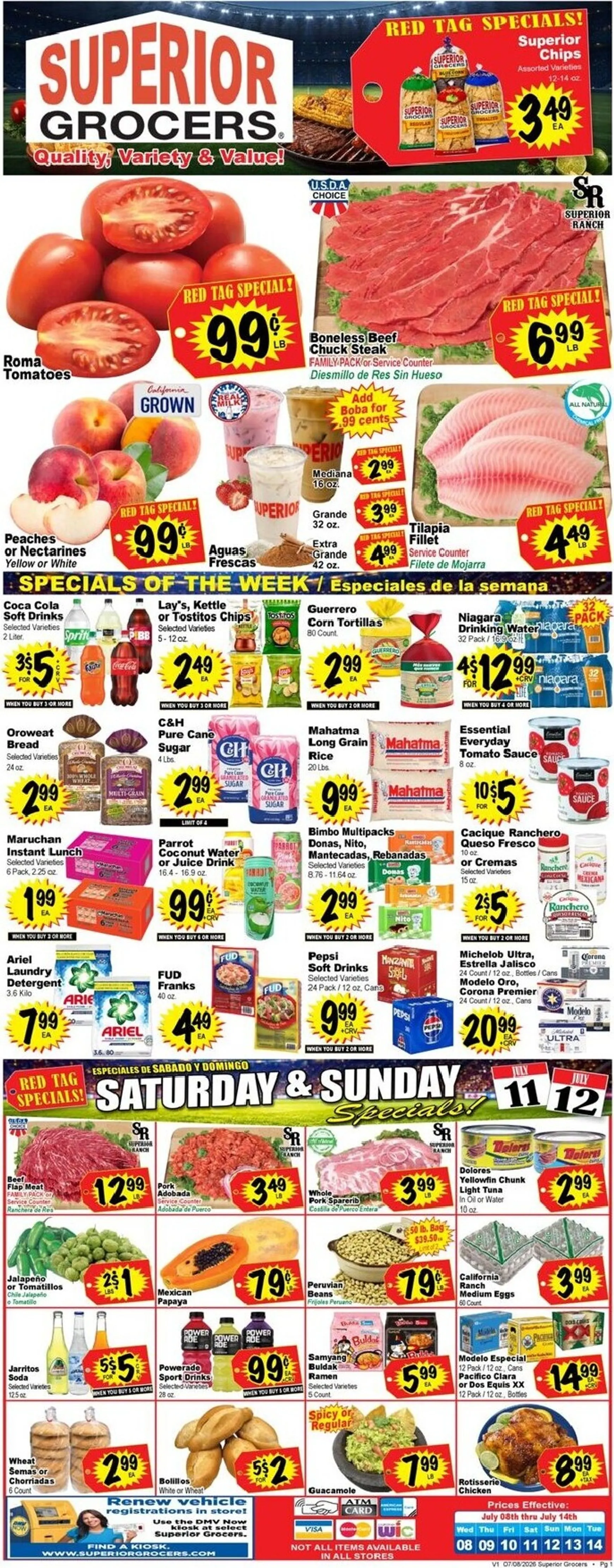 Weekly promotion Current Superior Grocers leaflet valid from Wednesday 07/08/2026 to Tuesday 07/14/2026 spanning from July 8 to July 14 2026 - Page 1 for Catalogue 365