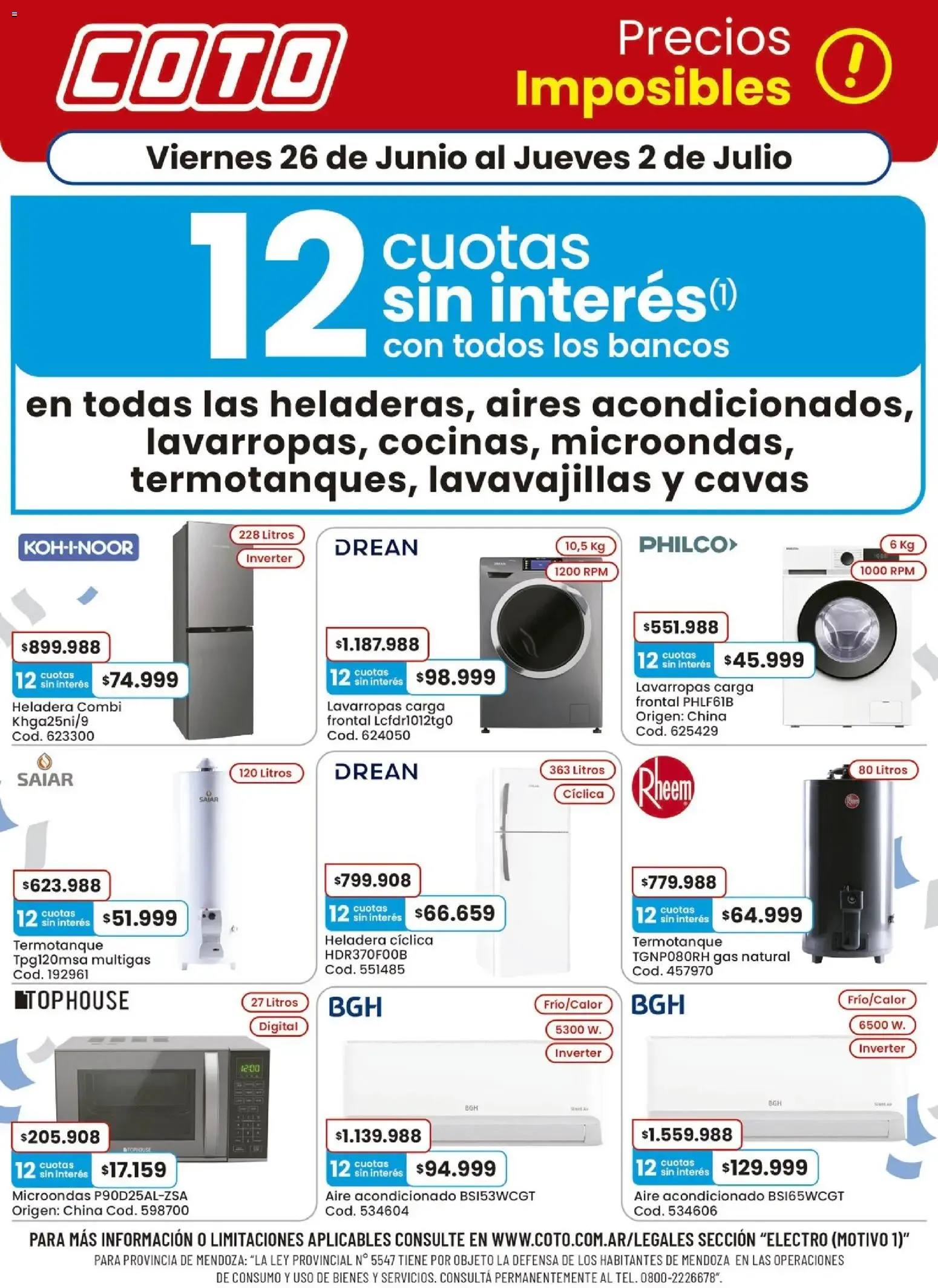 Ofertas de Coto - Precios Imposibles en electrodomésticos con 12 cuotas sin interés 26 de junio al 2 de julio 2026 - Página 1 del catálogo