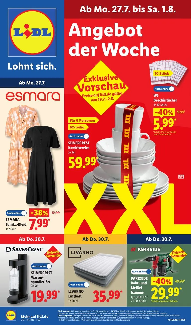 Lidl - Angebot der Woche Prospekt nächste Woche – von Montag 27.07.2026 bis Samstag 01.08.2026 von 27. Juli bis 1. August 2026 - Prospekt seite 1