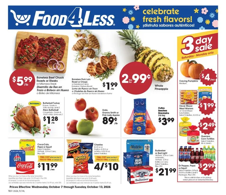 Weekly promotion Current Food 4 Less leaflet valid from Wednesday 10/07/2026 to Tuesday 10/13/2026 spanning from October 7 to October 13 2026 - Page 1 for Catalogue 365