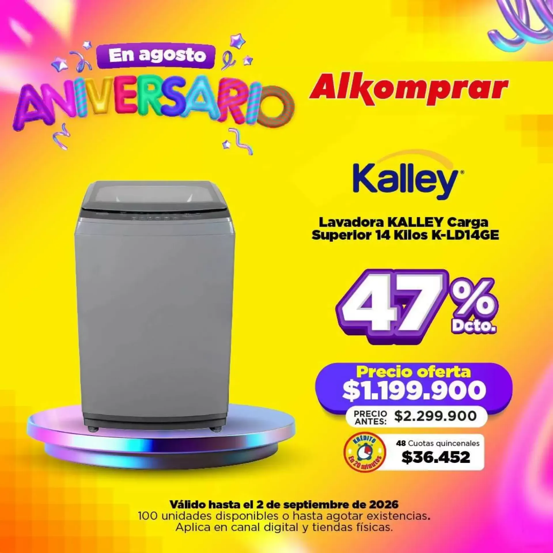 Catalogo de Aniversario Alkomprar - Lavadora Kalley 1 de agosto al 2 de septiembre 2026 - Pag 1