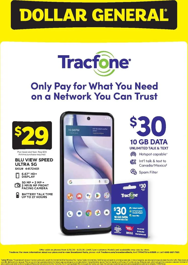 Weekly promotion Dollar General - Wireless Deals flyer for next week from Tuesday 08/18/2026 to Monday 09/21/2026 spanning from August 18 to September 21 2026 - Page 1 for Catalogue 365