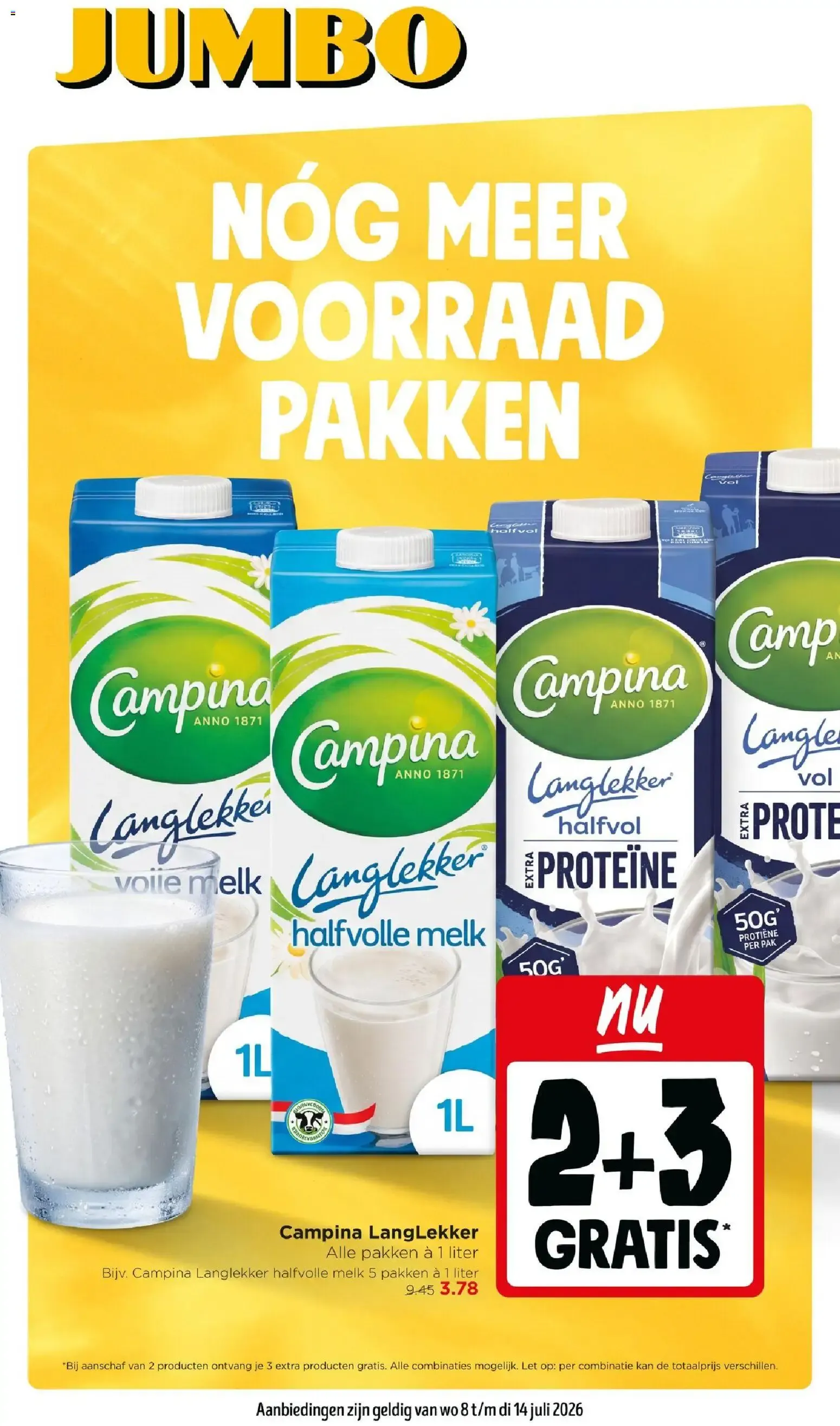 Jumbo: Campina Langlekker 2+3 GRATIS - Nóg meer voorraad pakken van 8 juli tot 14 juli 2026 - Folder pagina 1