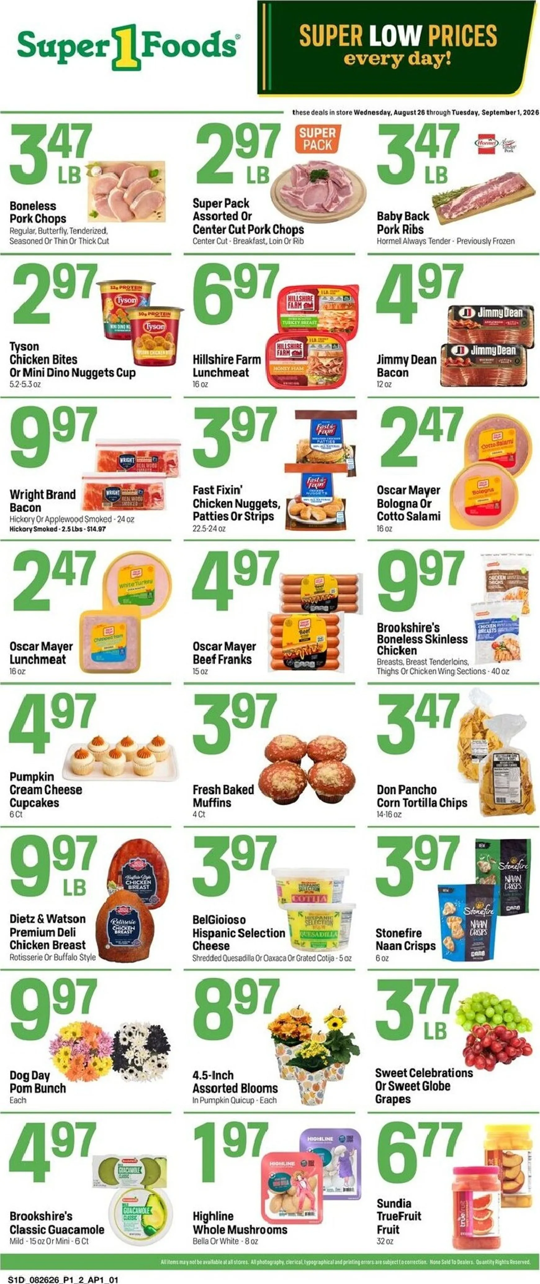 Weekly promotion Current Super 1 Foods - Hot Sheet leaflet valid from Wednesday 08/26/2026 to Tuesday 09/01/2026 spanning from August 26 to September 1 2026 - Page 1 for Catalogue 365