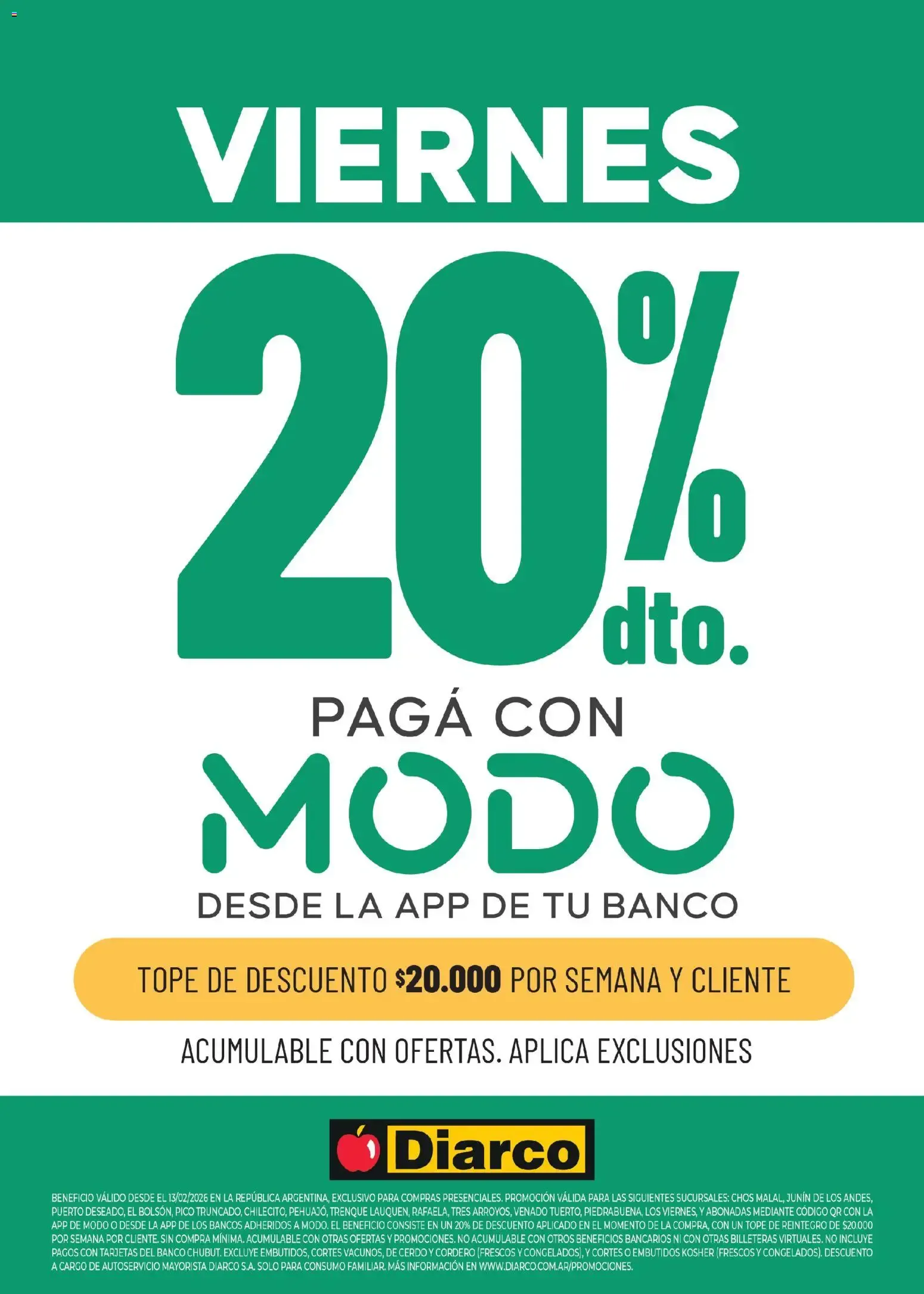 Ofertas de Diarco - Beneficio MODO 20% los Viernes 13 de febrero al 26 de junio 2026 - Página 1 del catálogo