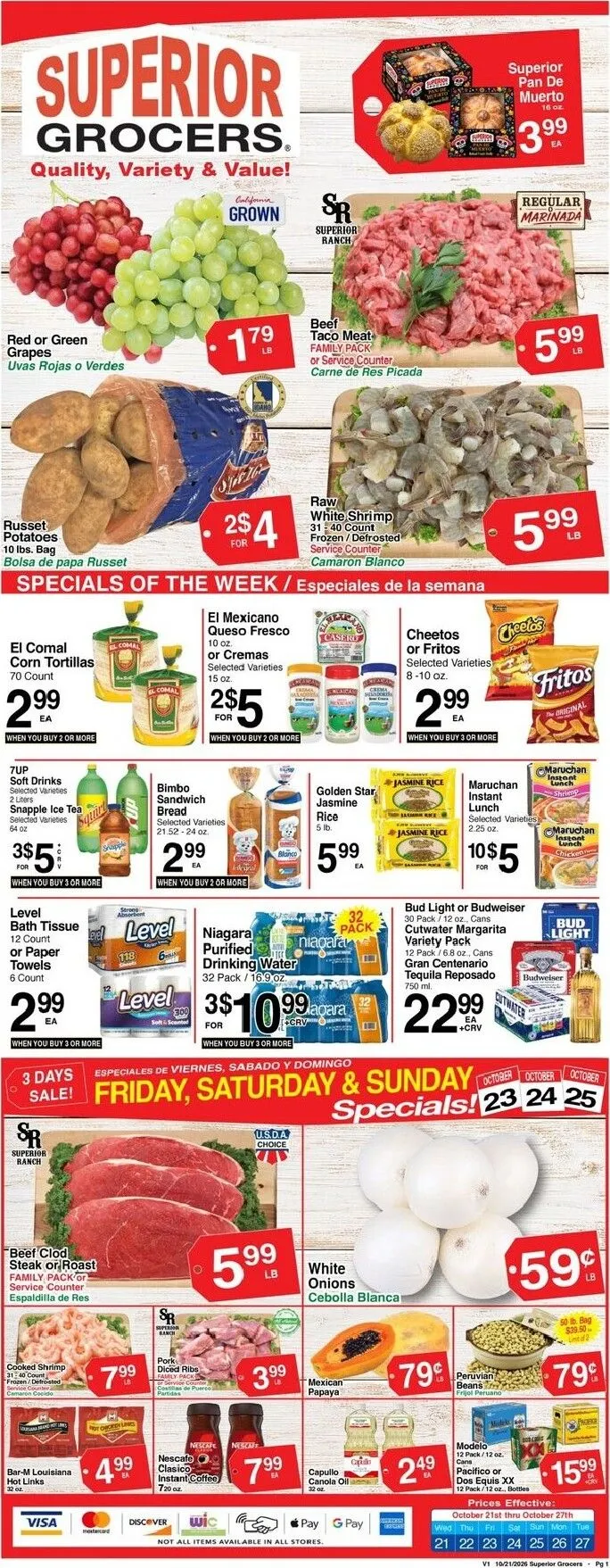 Weekly promotion Current Superior Grocers leaflet valid from Wednesday 10/21/2026 to Tuesday 10/27/2026 spanning from October 21 to October 27 2026 - Page 1 for Catalogue 365
