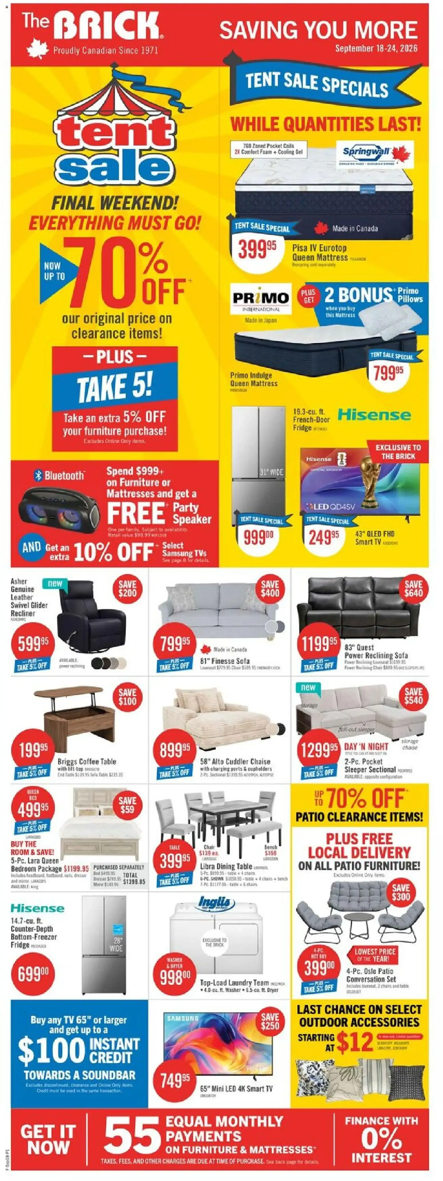 The Brick - Tent Sale Specials: Saving You More from September 18 to September 24 2026 - flyer page 1
