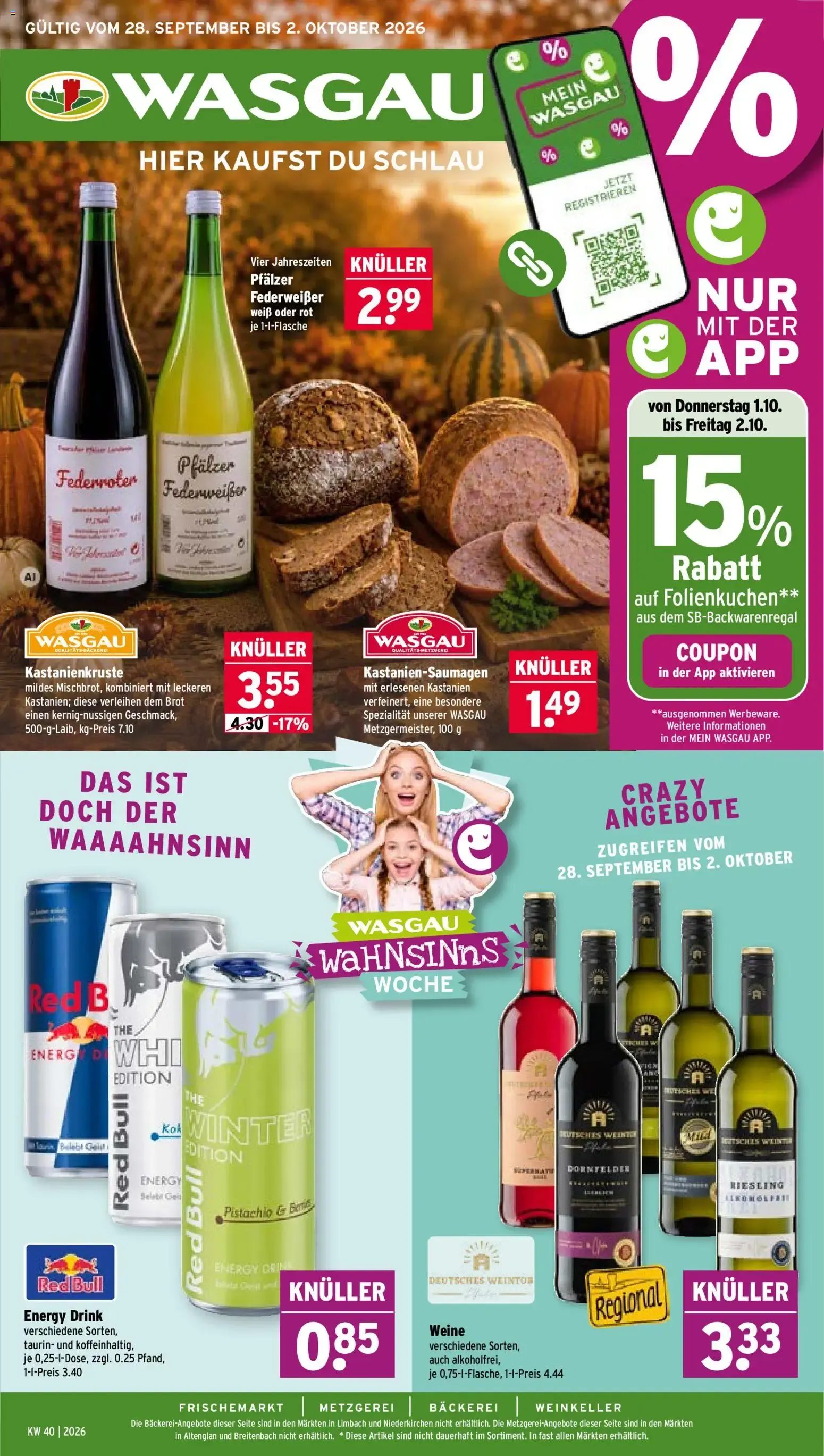 Wasgau Prospekt (ab 28.09.2026) zum Blättern von 28. September bis 2. Oktober 2026 - Prospekt seite 1