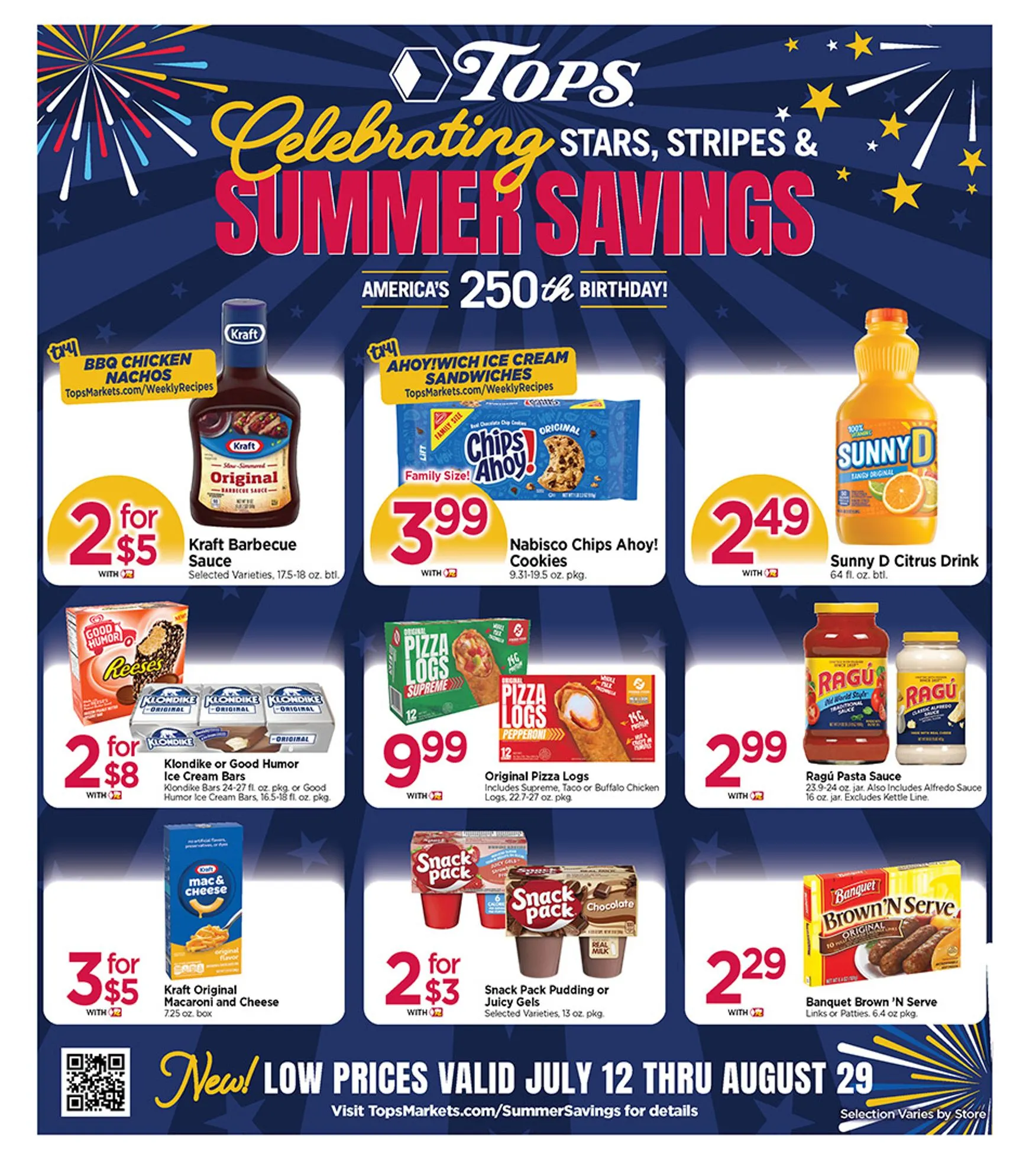 Current Tops Markets - Stars, Stripes & Summer Savings leaflet valid from Sunday 07/12/2026 to Saturday 08/29/2026