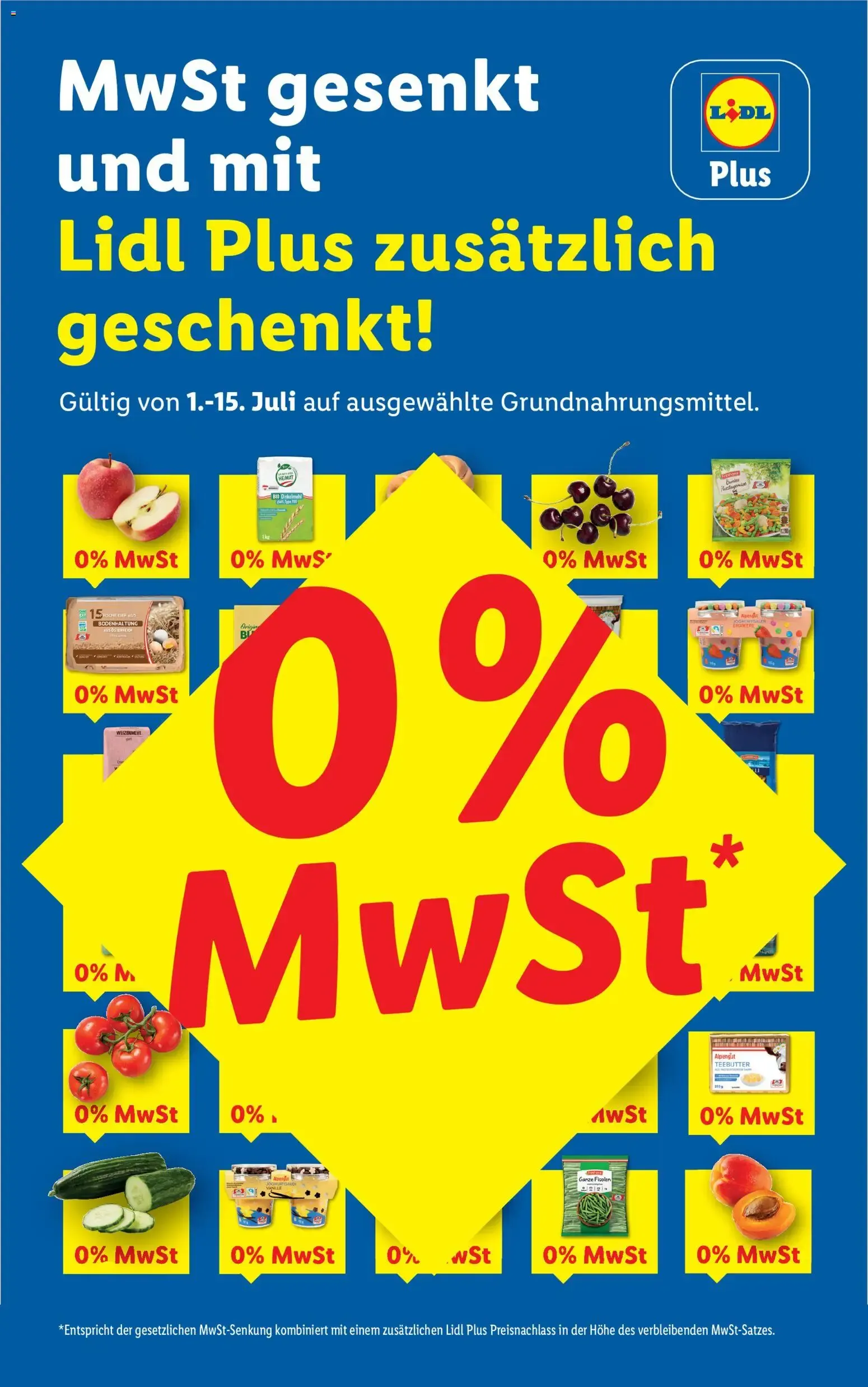 Lidl: 0% MwSt en productos básicos y ventajas con Lidl Plus. von 1. Juli bis 15. Juli 2026 - Flugblätt seite 1