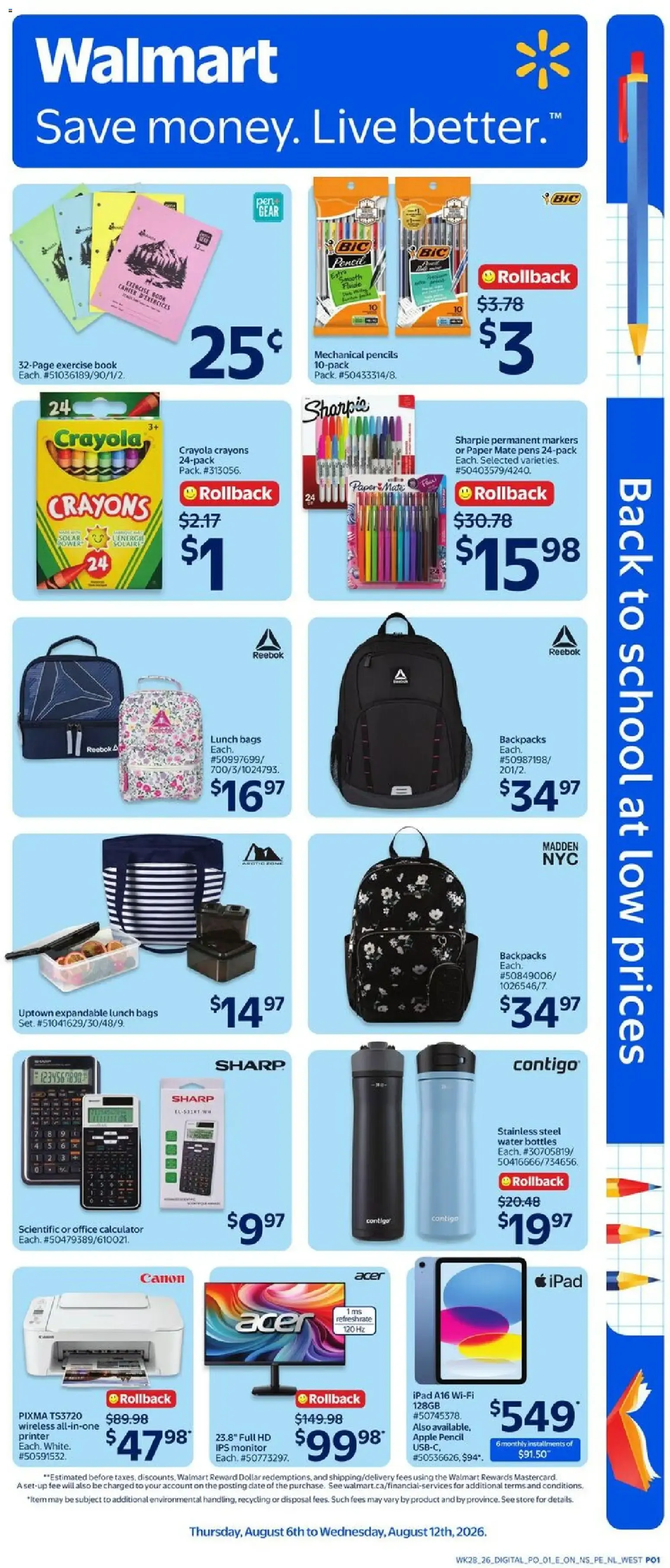 Walmart flyer - Back to school at low prices from Aug 6, 2026 > weekly specials & deals from August 6 to August 12 2026 - flyer page 1