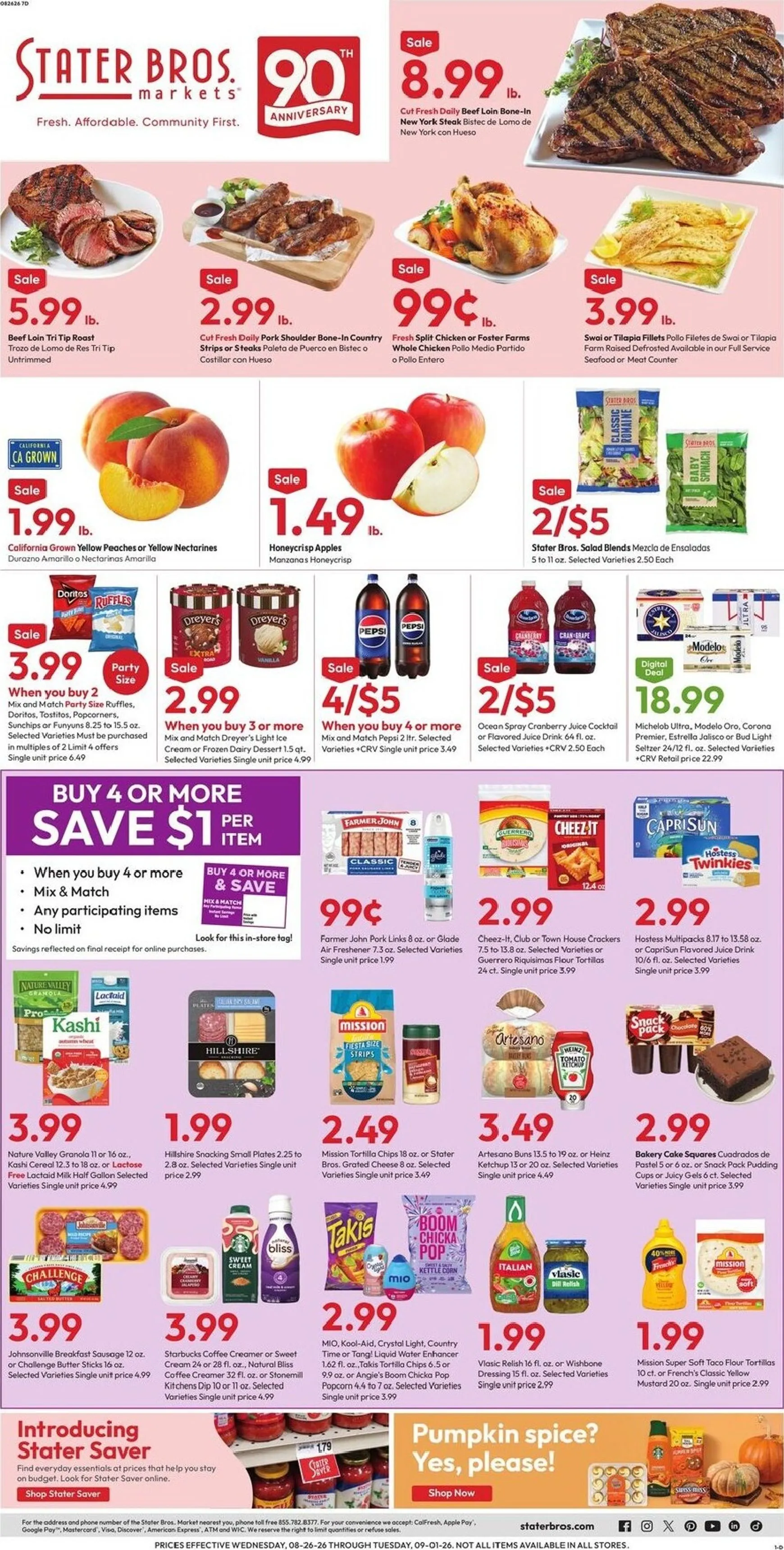 Weekly promotion Current Stater Bros. leaflet valid from Wednesday 08/26/2026 to Tuesday 09/01/2026 spanning from August 26 to September 1 2026 - Page 1 for Catalogue 365