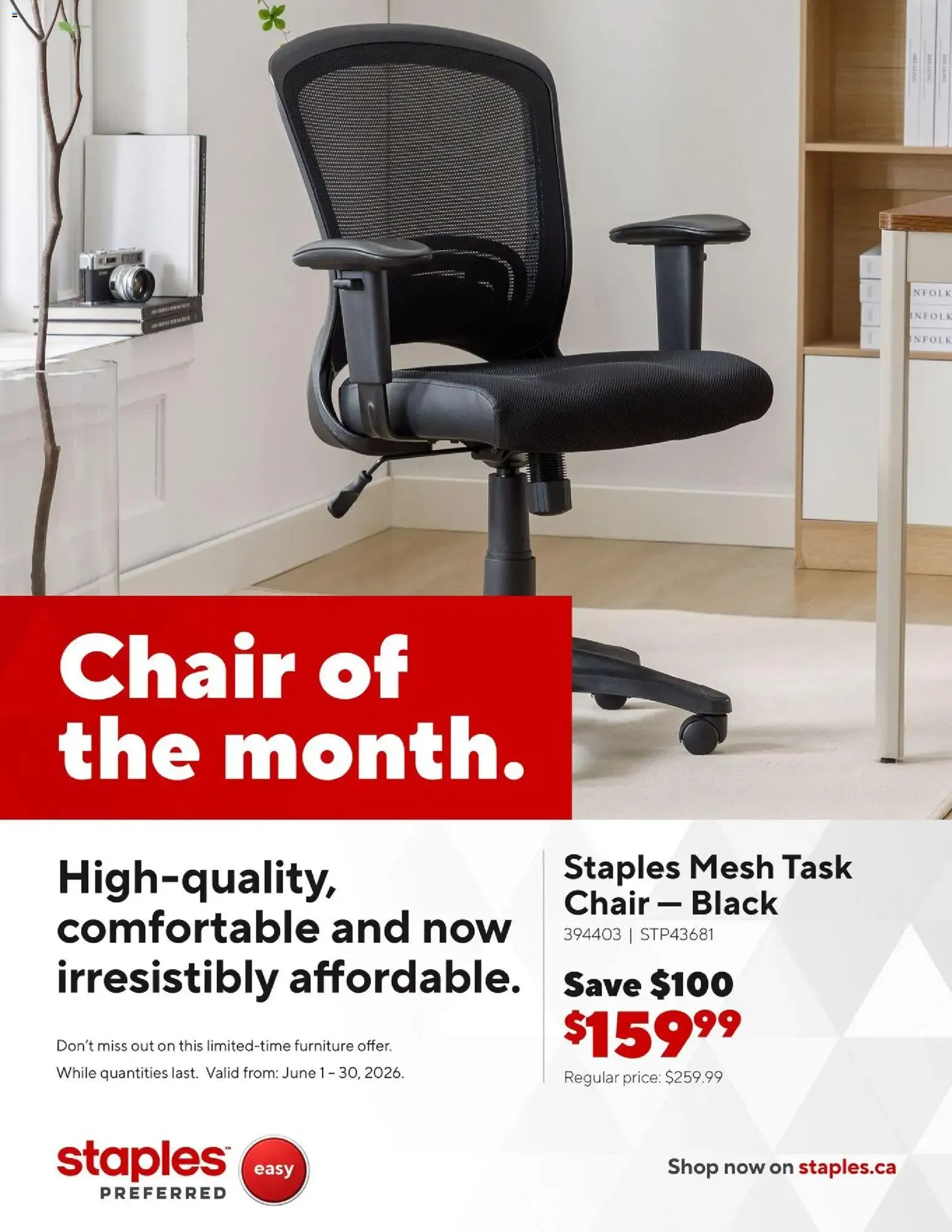 Staples flyer - Chair of the month from Jun 1, 2026 > weekly specials & deals from June 1 to June 30 2026 - flyer page 1