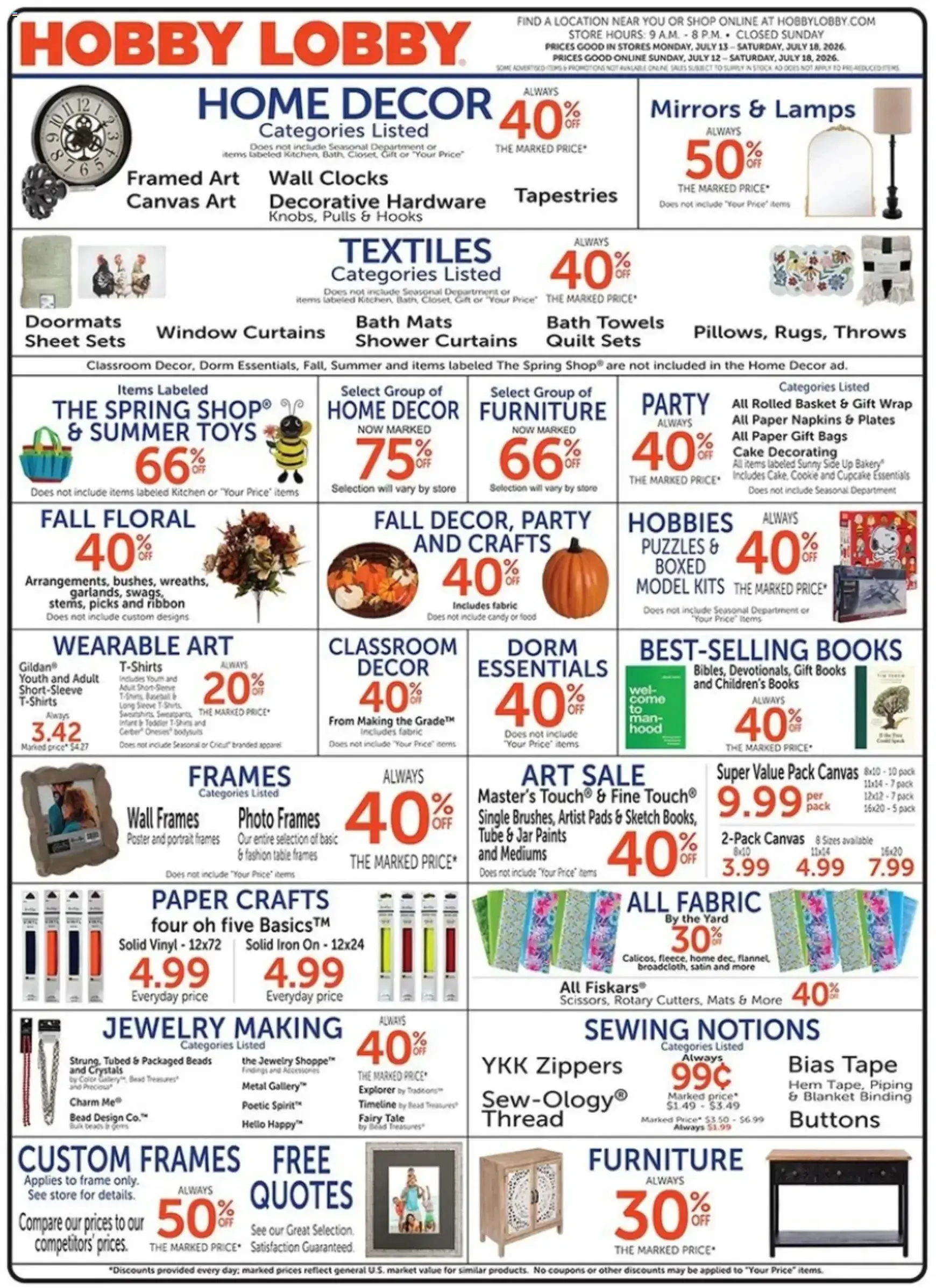 Weekly ad Current Hobby Lobby leaflet valid from Sunday 07/12/2026 to Saturday 07/18/2026 from July 12 to July 18 2026 - Page 1