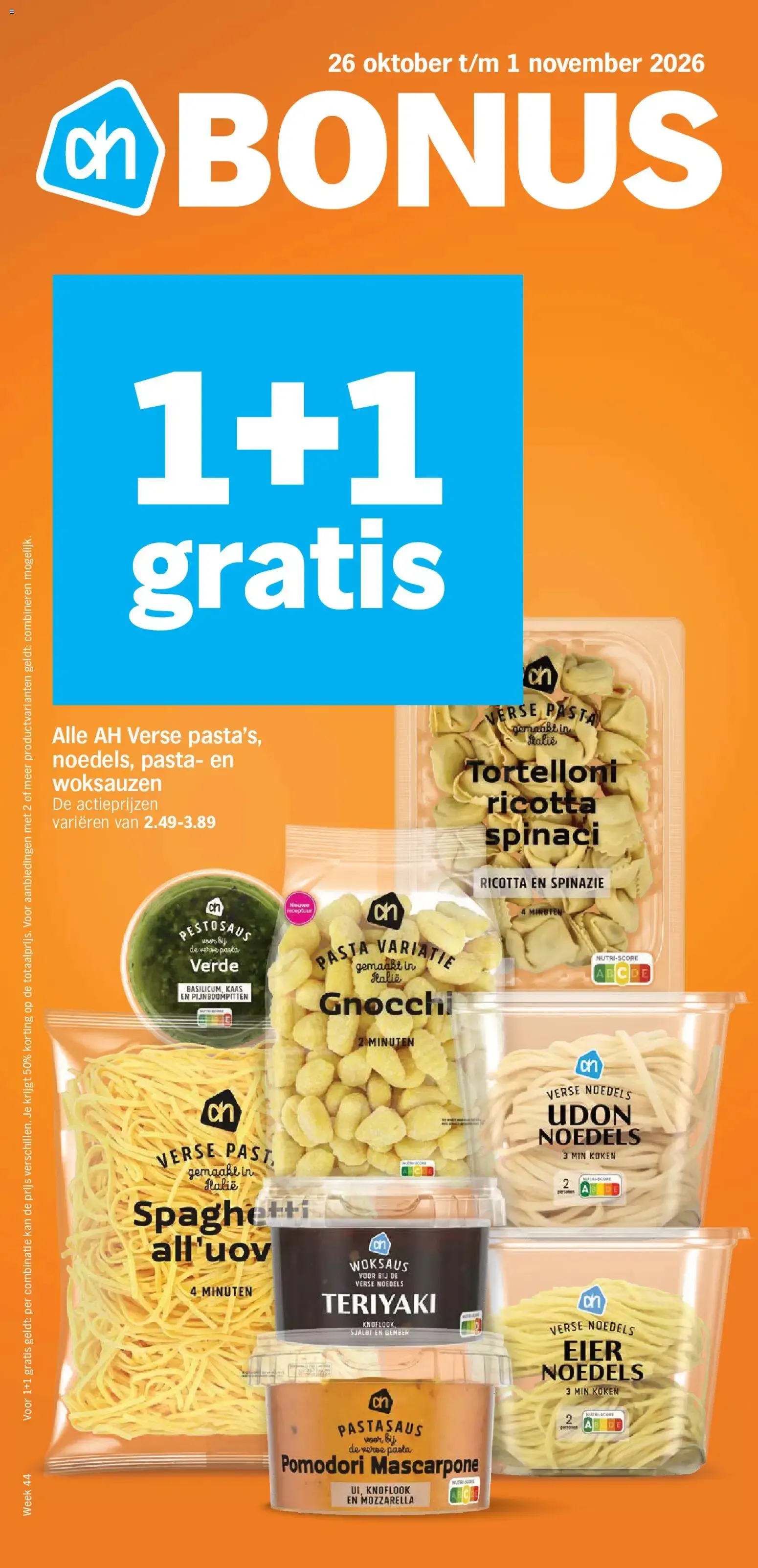 AH Bonus: 1+1 gratis en pasta's y salsas van 26 oktober tot 1 november 2026 - Folder pagina 1