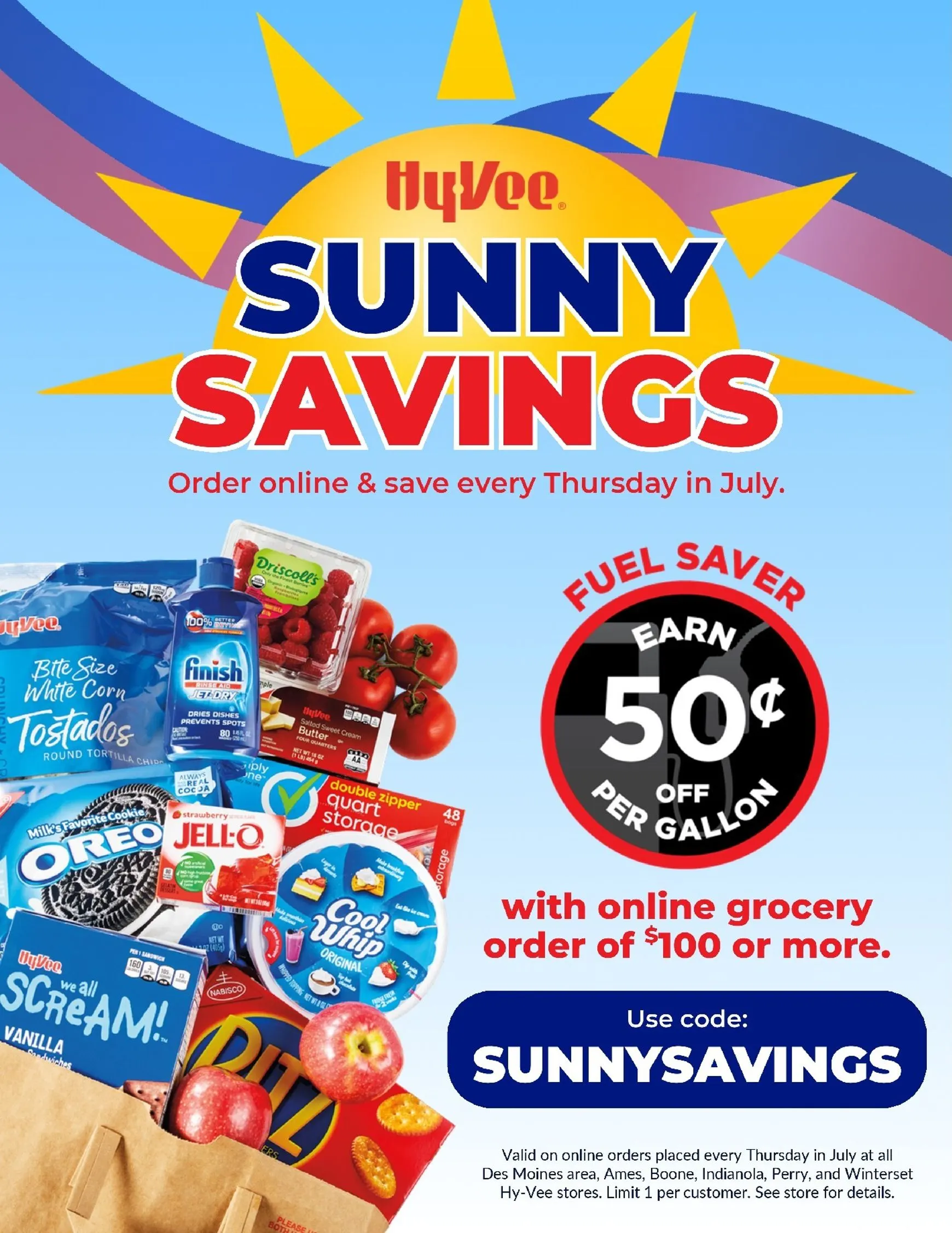 Weekly promotion HyVee Sunny Savings spanning from July 1 to July 31 2026 - Page 1 for Catalogue 365