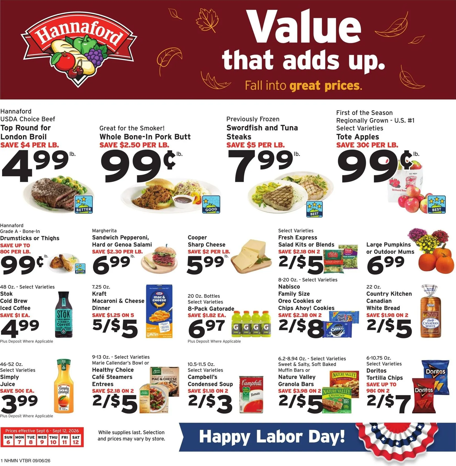 Weekly promotion Hannaford - Value that adds up. Fall into great prices. spanning from September 6 to September 12 2026 - Page 1 for Catalogue 365