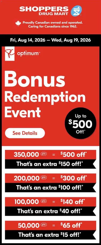 Shoppers Drug Mart Bonus Redemption Event from August 14 to August 19 2026 - flyer page 1