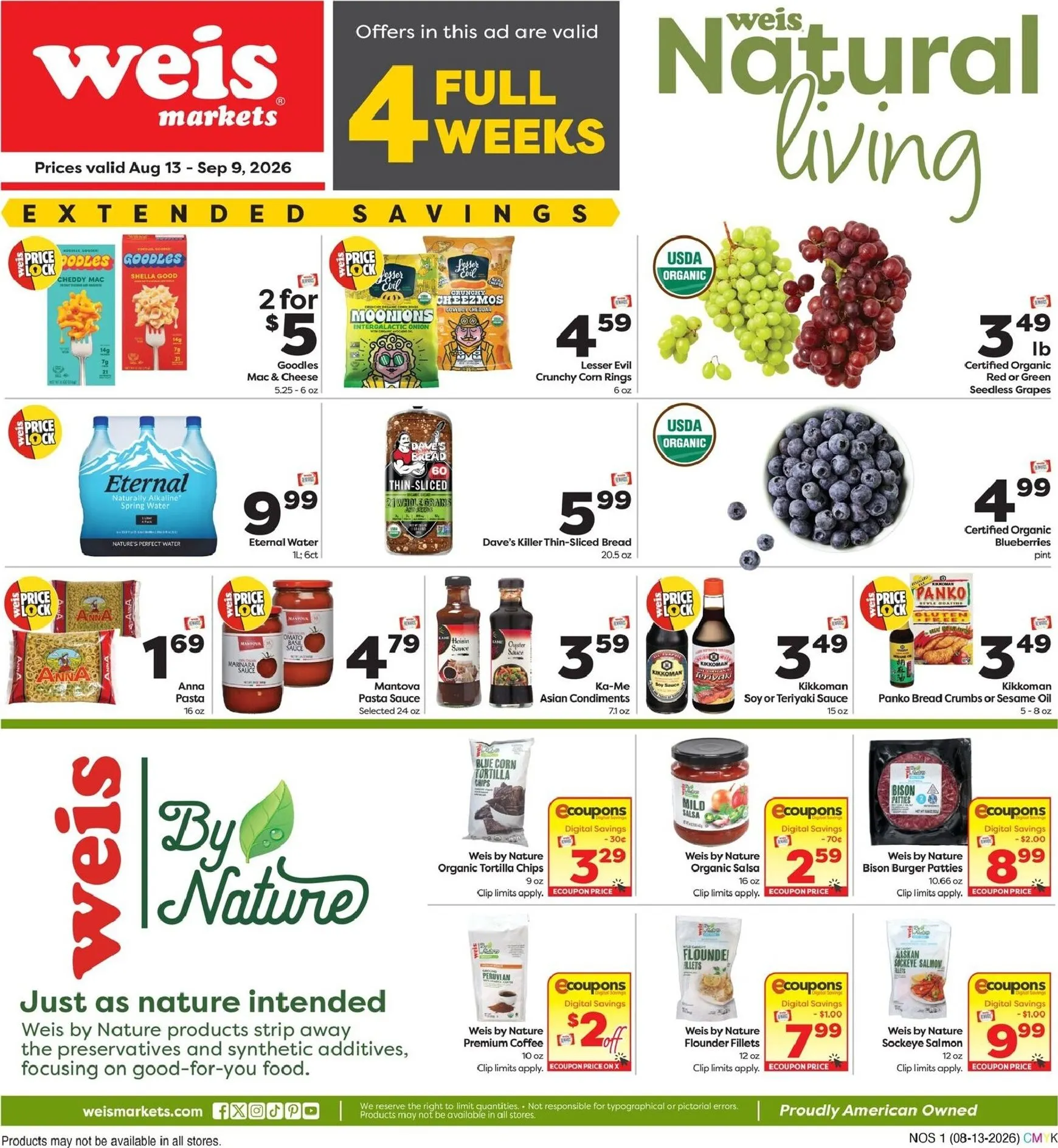 Weekly ad Current Weis Markets - Natural & Organic leaflet valid from Thursday 08/13/2026 to Wednesday 09/09/2026 from August 13 to September 9 2026 - Page 1