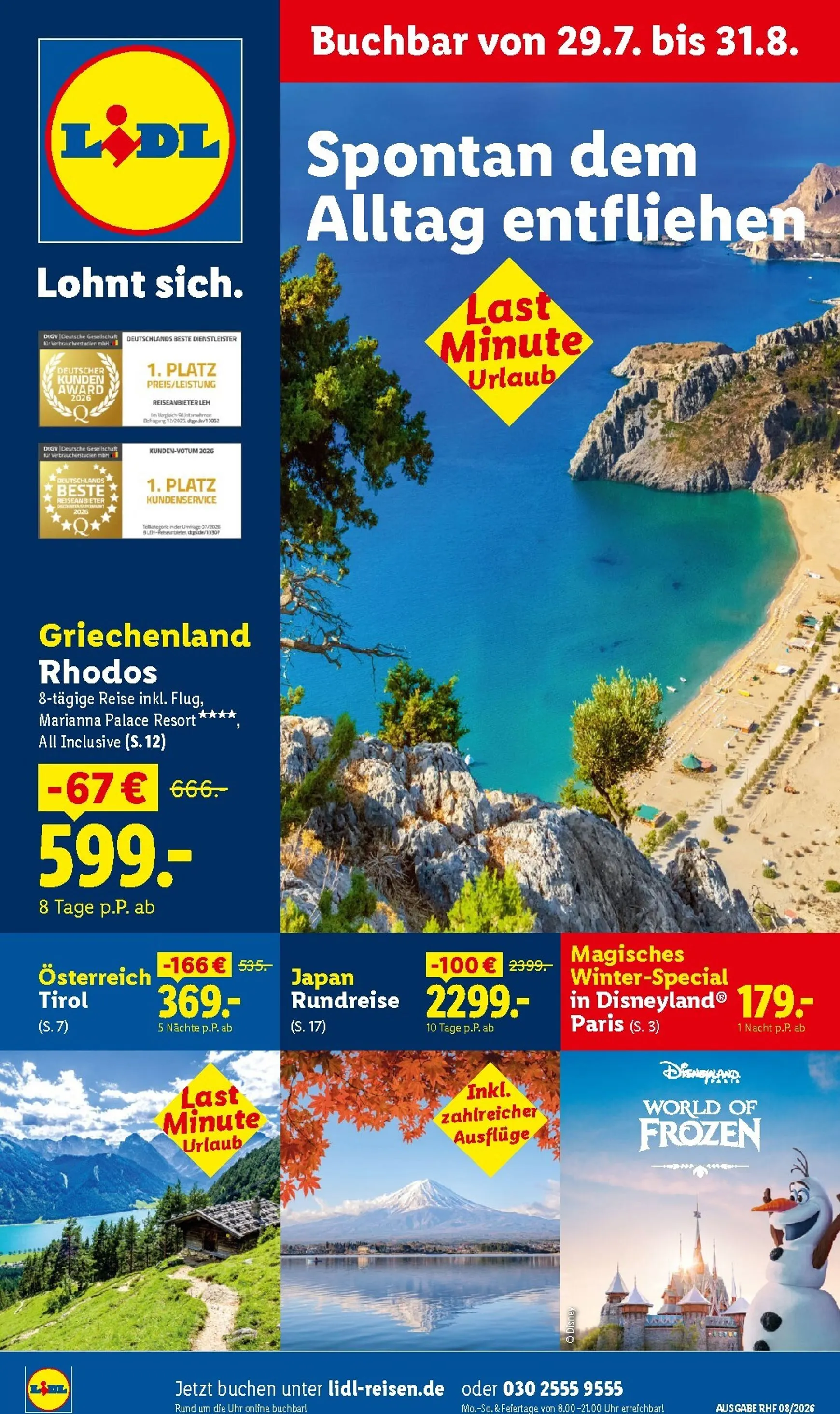 Lidl August Reise-Highlights Prospekt – von Mittwoch 29.07.2026 bis Montag 31.08.2026 von 29. Juli bis 31. August 2026 - Prospekt seite 1
