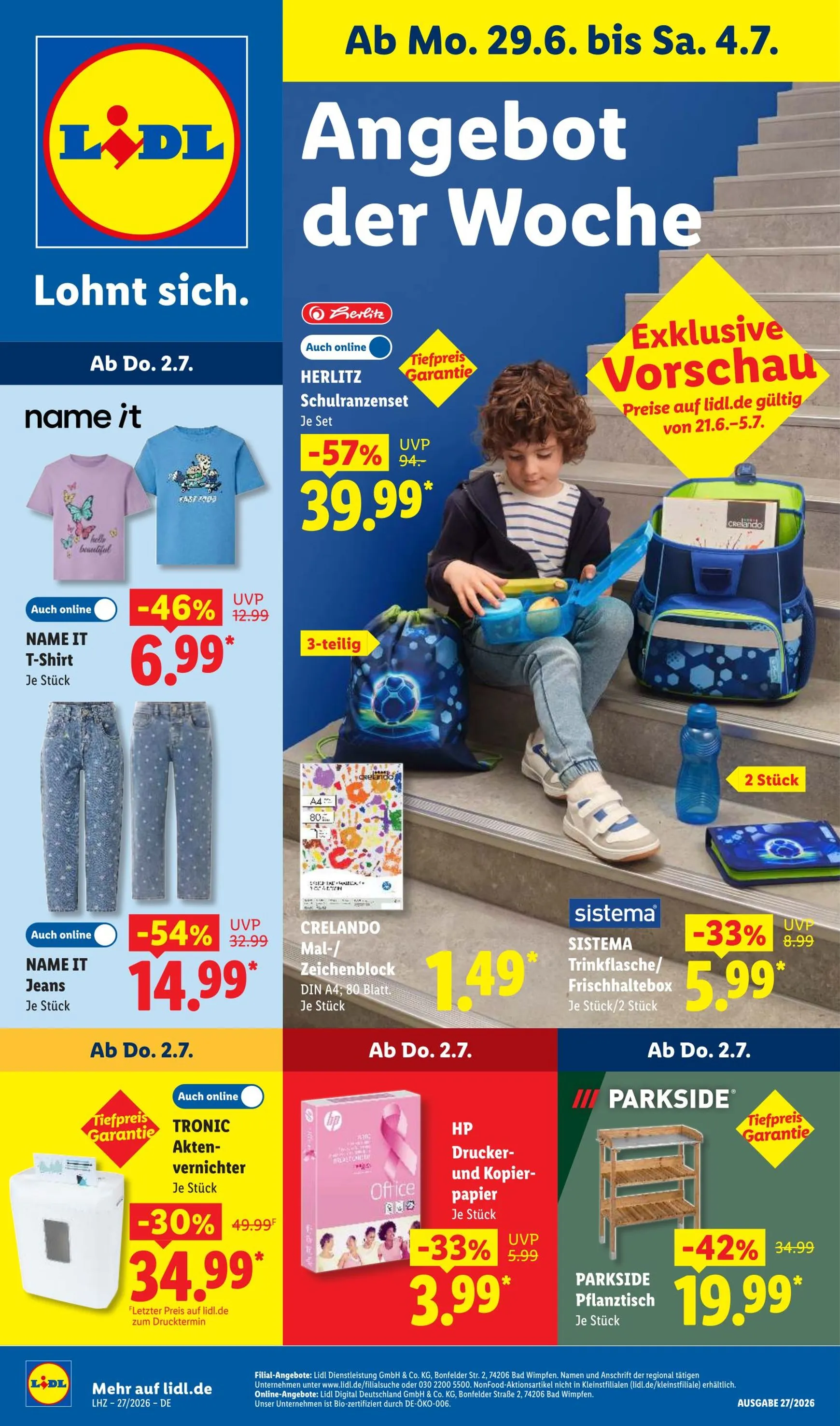 Lidl - Angebot der Woche Prospekt – von Montag 29.06.2026 bis Samstag 04.07.2026 von 29. Juni bis 4. Juli 2026 - Prospekt seite 1