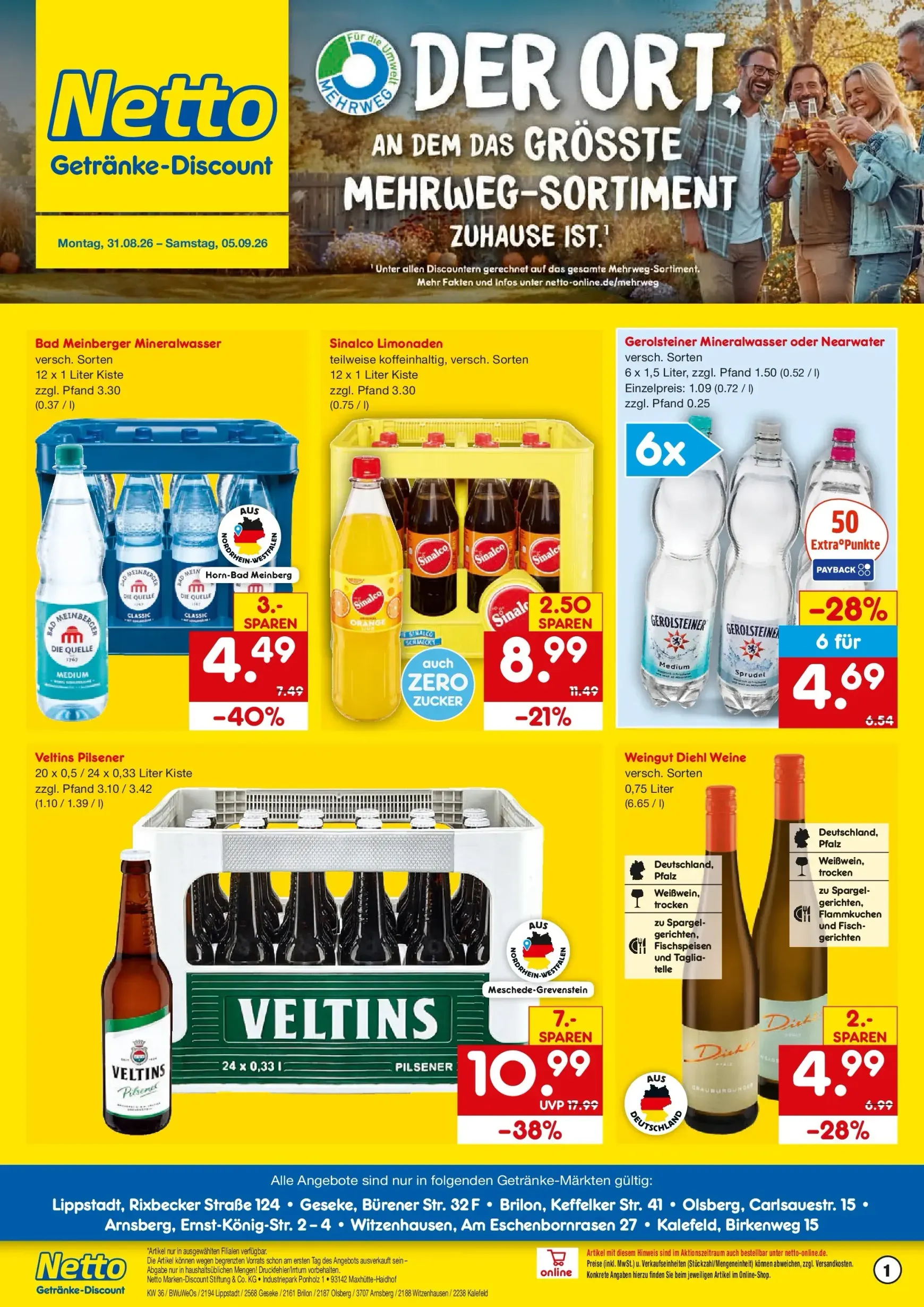 Netto Marken Discount - Lippstadt, Geseke, Brilon, Olsberg, Arnsberg, Witzenhausen, Kalefeld Prospekt – von Montag 31.08.2026 bis Samstag 05.09.2026 von 31. August bis 5. September 2026 - Prospekt seite 1