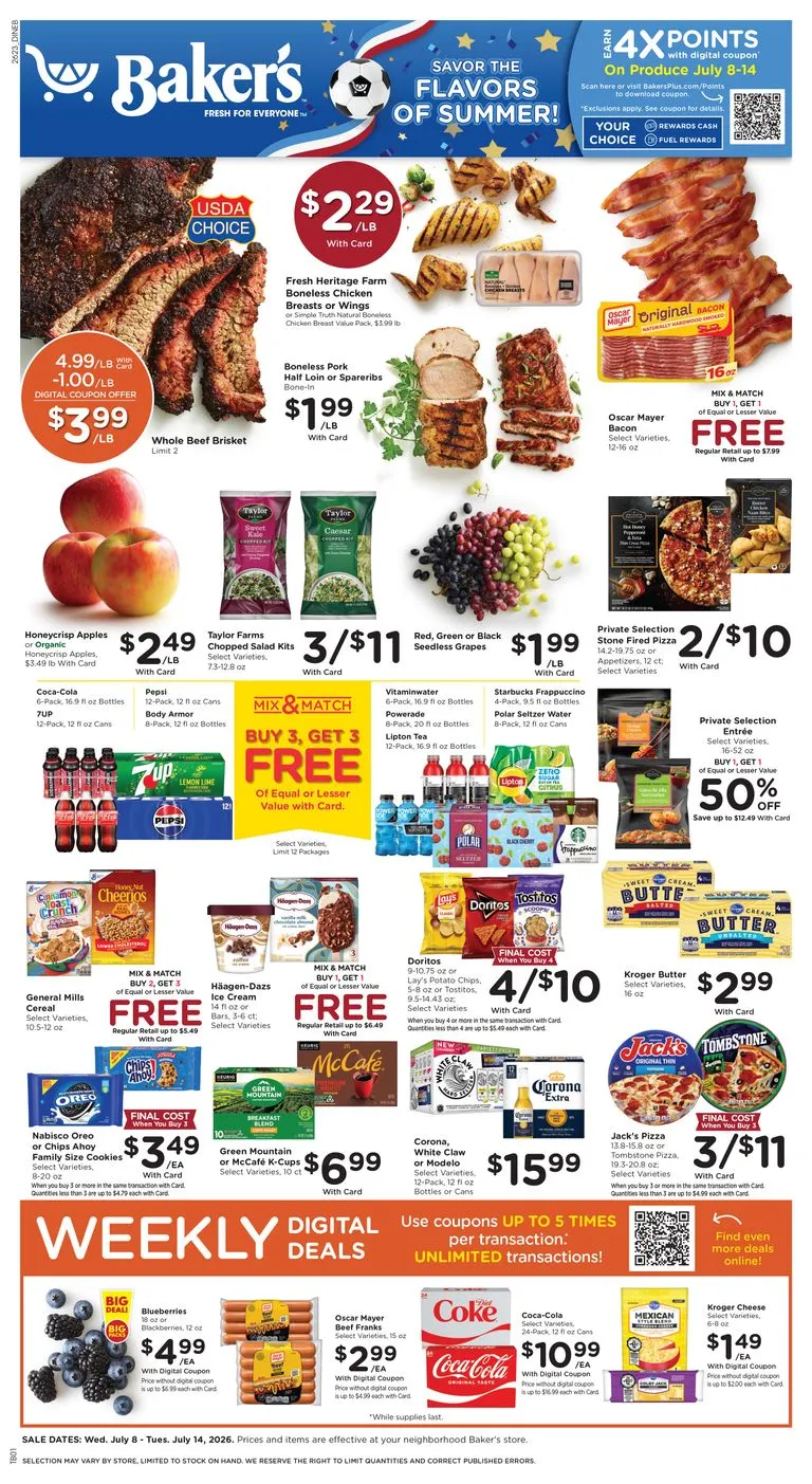 Weekly promotion Current Baker's leaflet valid from Wednesday 07/08/2026 to Tuesday 07/14/2026 spanning from July 8 to July 14 2026 - Page 1 for Catalogue 365
