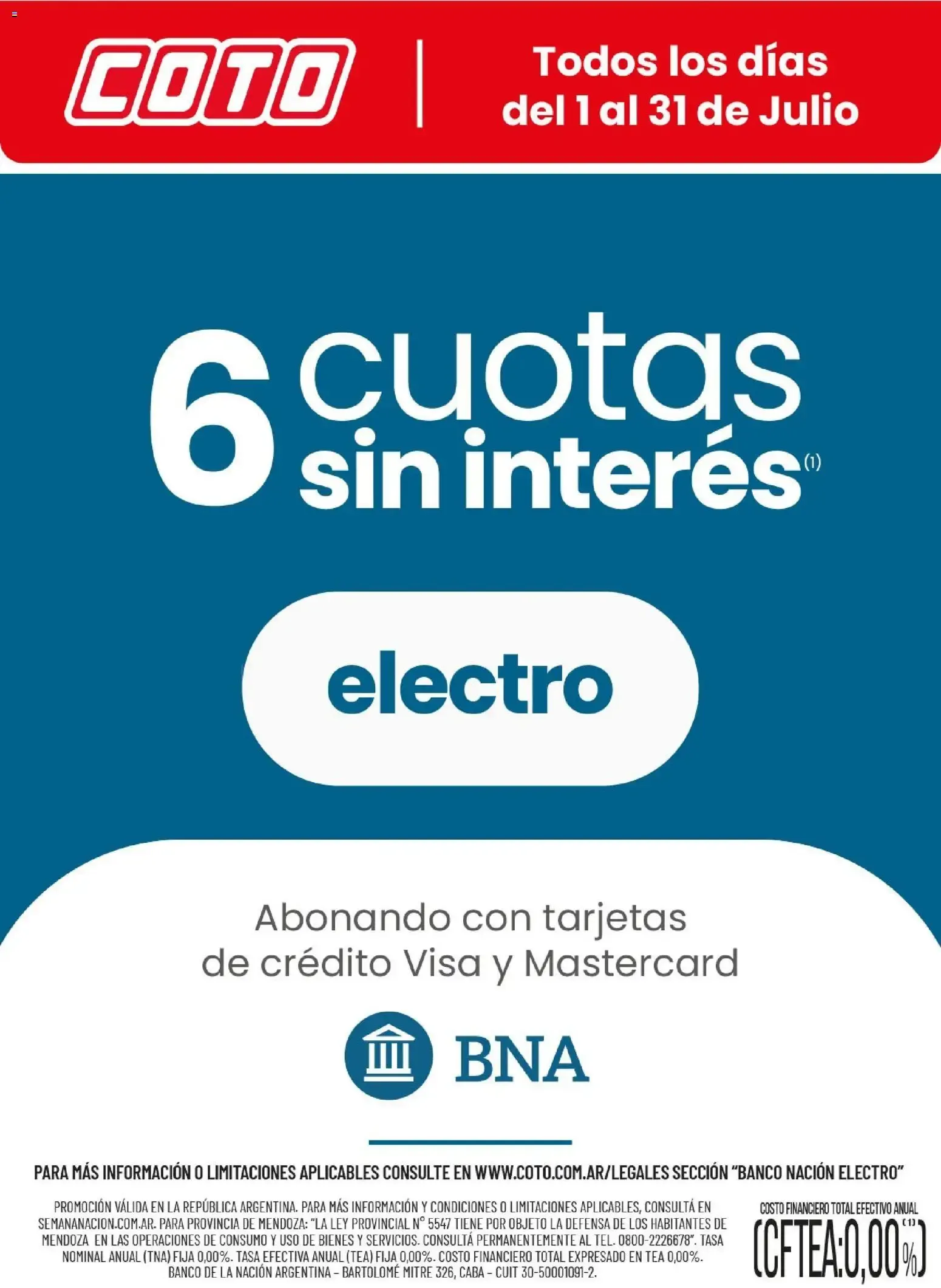 Coto - BNA Electro Julio: 6 cuotas sin interés