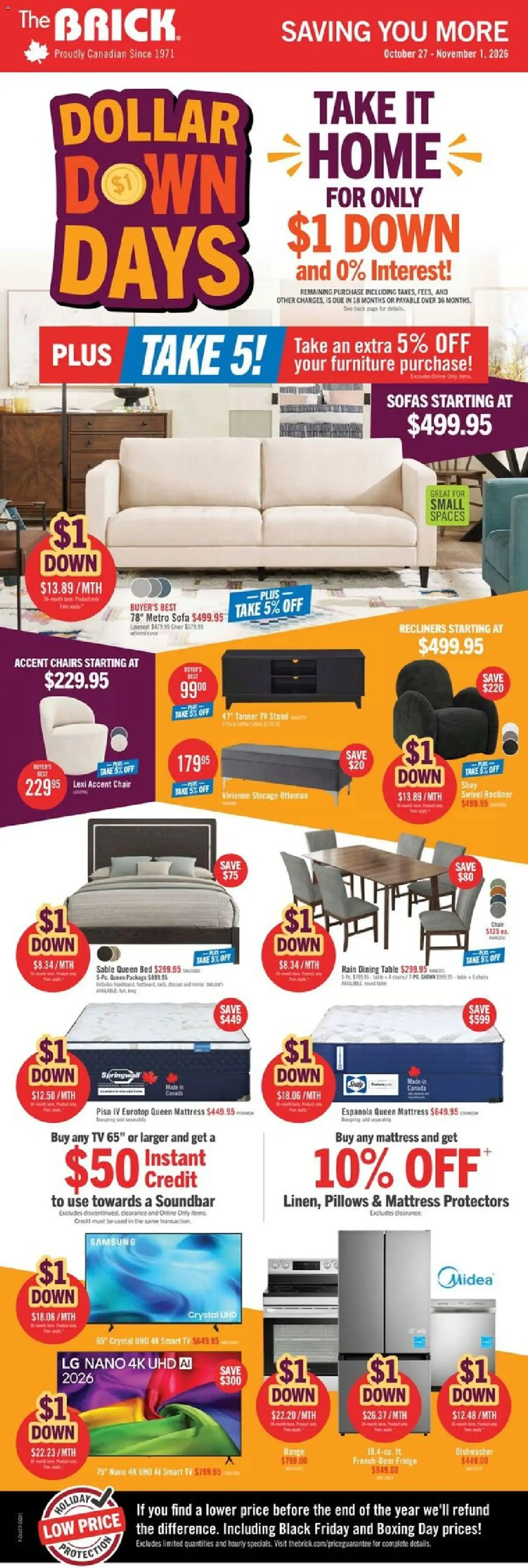 The Brick: Dollar Down Days & Take it Home - $1 Down and 0% Interest from October 27 to November 1 2026 - flyer page 1