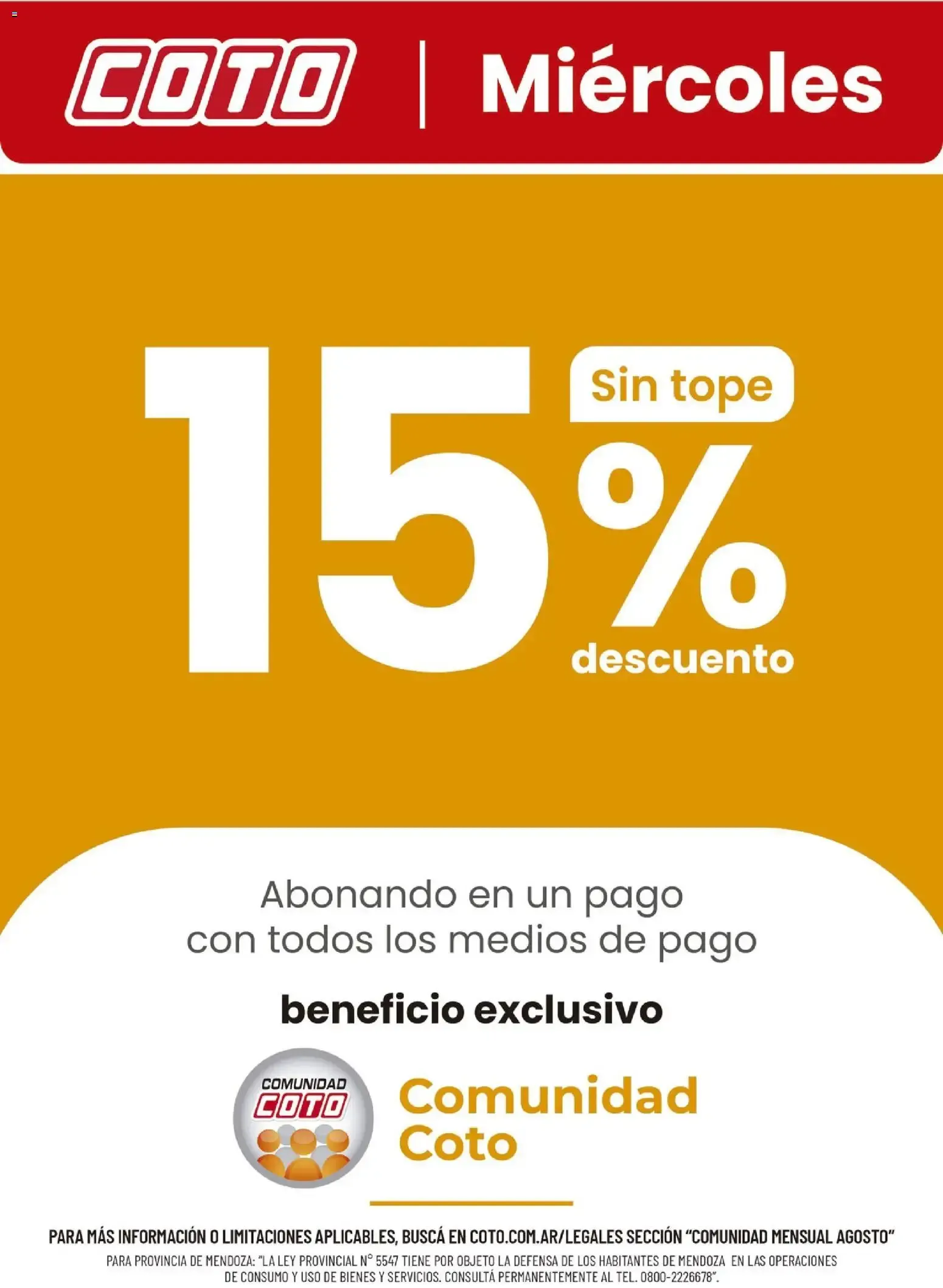 Ofertas de Coto Miércoles: 15% Descuento (Comunidad Mensual Agosto) 5 de agosto al 31 de agosto 2026 - Página 1 del catálogo