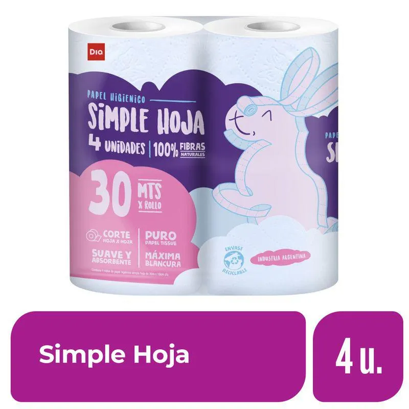 Papel Higiénico DIA Simple Hoja 4 Rollos 30 Mts.