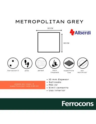 PORCELANATO METROPOLITAN GREY 60X60 ALBERDI