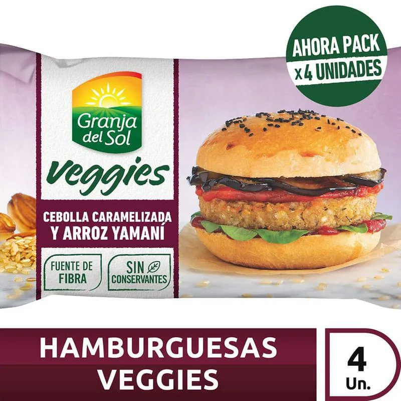 Hamburguesas Veggies Granja del Sol Cebolla Caramelizada y Arroz Yamaní 420 Gr.