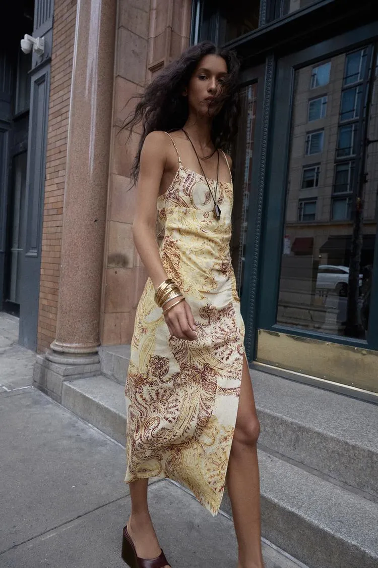 VESTIDO MIDI ESTAMPADO CON LINO