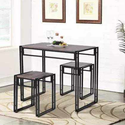 Juego de comedor mesa rectangular y 2 bancos negro y walnut