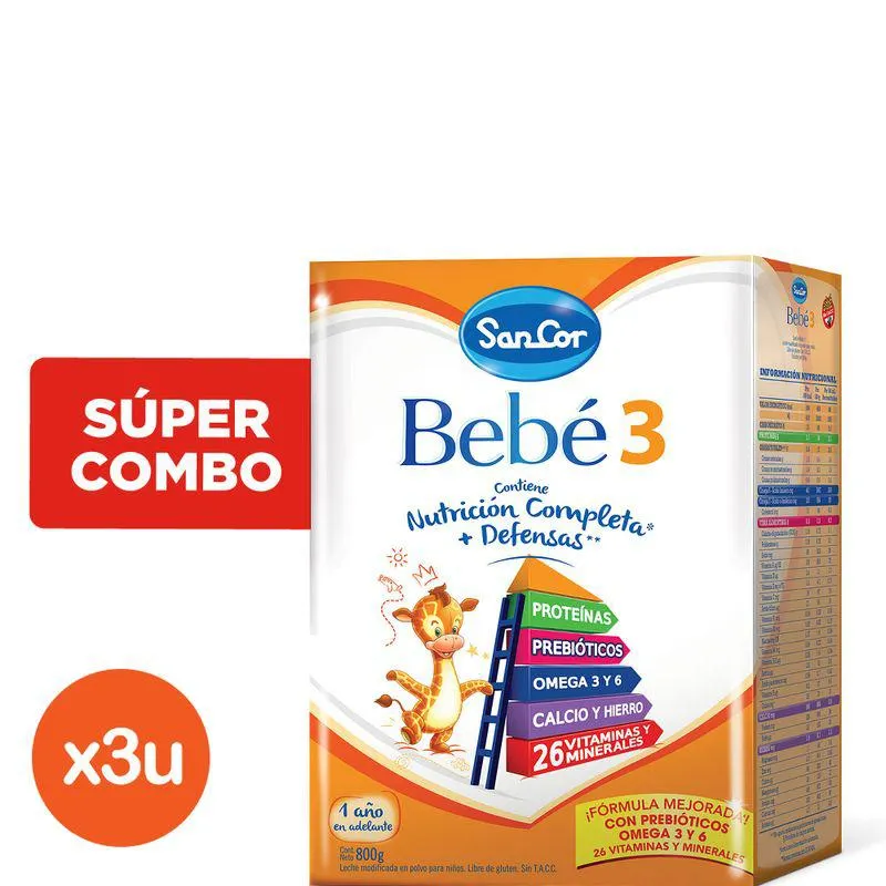 Combo Sancor Bebé Leche Infantil Original Polvo 1 a 3 Años x 3 un x 800 g c/u