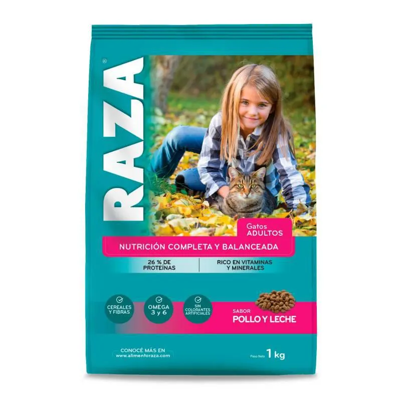Alimento para Gato Pollo y Leche Raza x 1 kg.