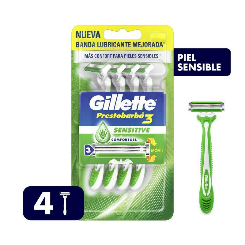 Gillette Prestobarba3 Sensitive Máquina de Afeitar Desechable para Piel Sensible 4 Unidades