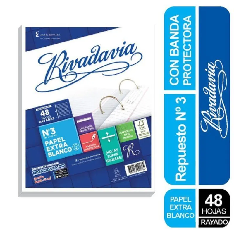 REPUESTO HOJAS RIVADAVIA 48H RAYADO EXTRA BLANCO