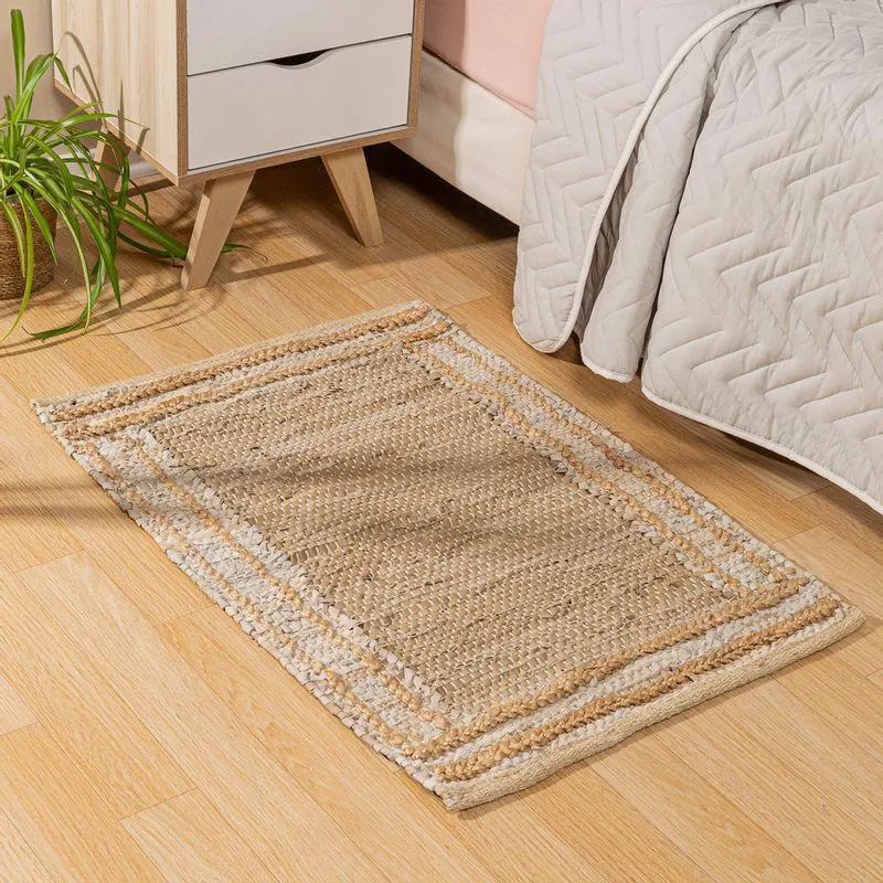 Alfombra Tejido a Mano Yute y Cuero 60 x 90 cm