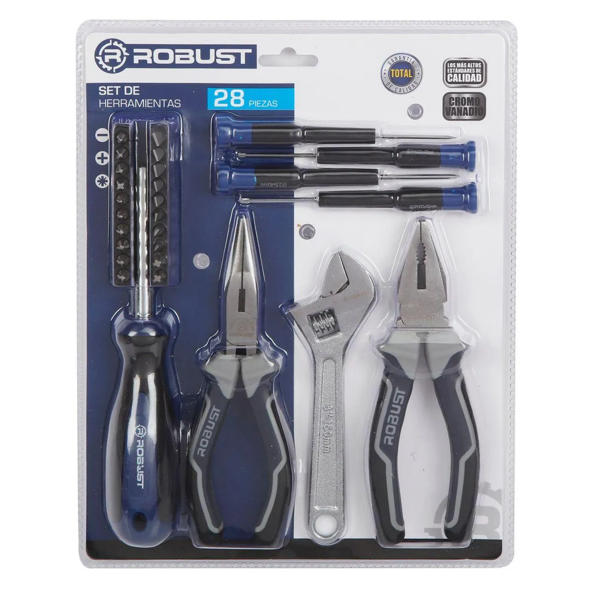 Set de Herramientas Manual 28 Piezas + 3 Alicates 6" + 4 Destornilladores Precisión + 20 Puntas Robust