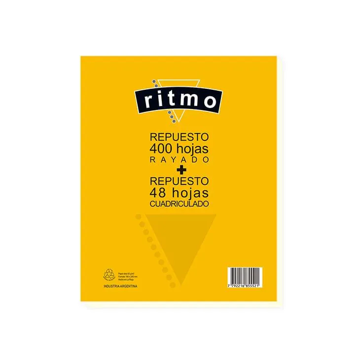 REPUESTO RITMO RAYADO 400 HOJAS + REPUESTO CUADRICULADO 48 HOJAS TAMAÑO N3