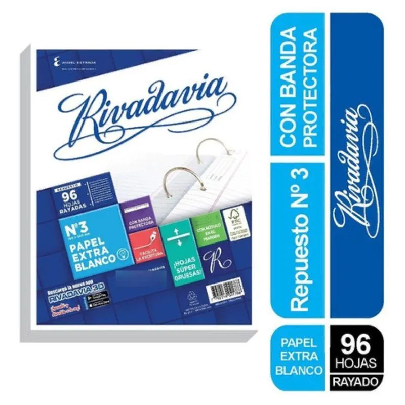REPUESTO RIVADAVIA 96 HOJAS RAYADO EXTRA BLANCO