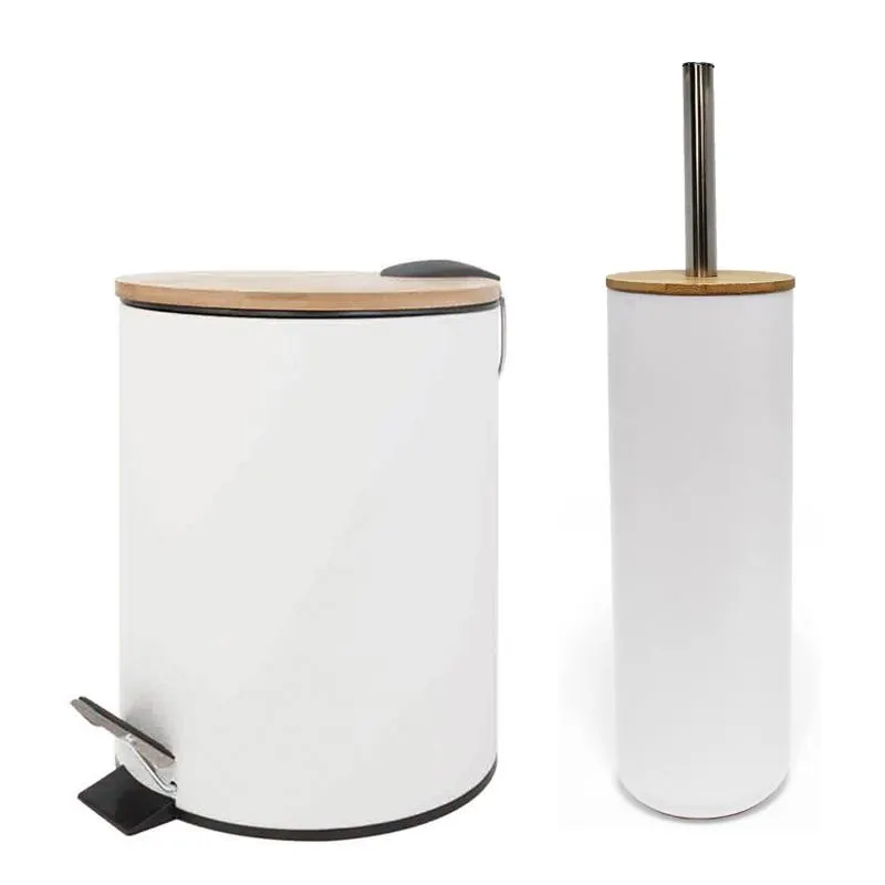 Set Tacho De Basura Escobilla Baño Nictom Color Blanco Bambu - NICTOM