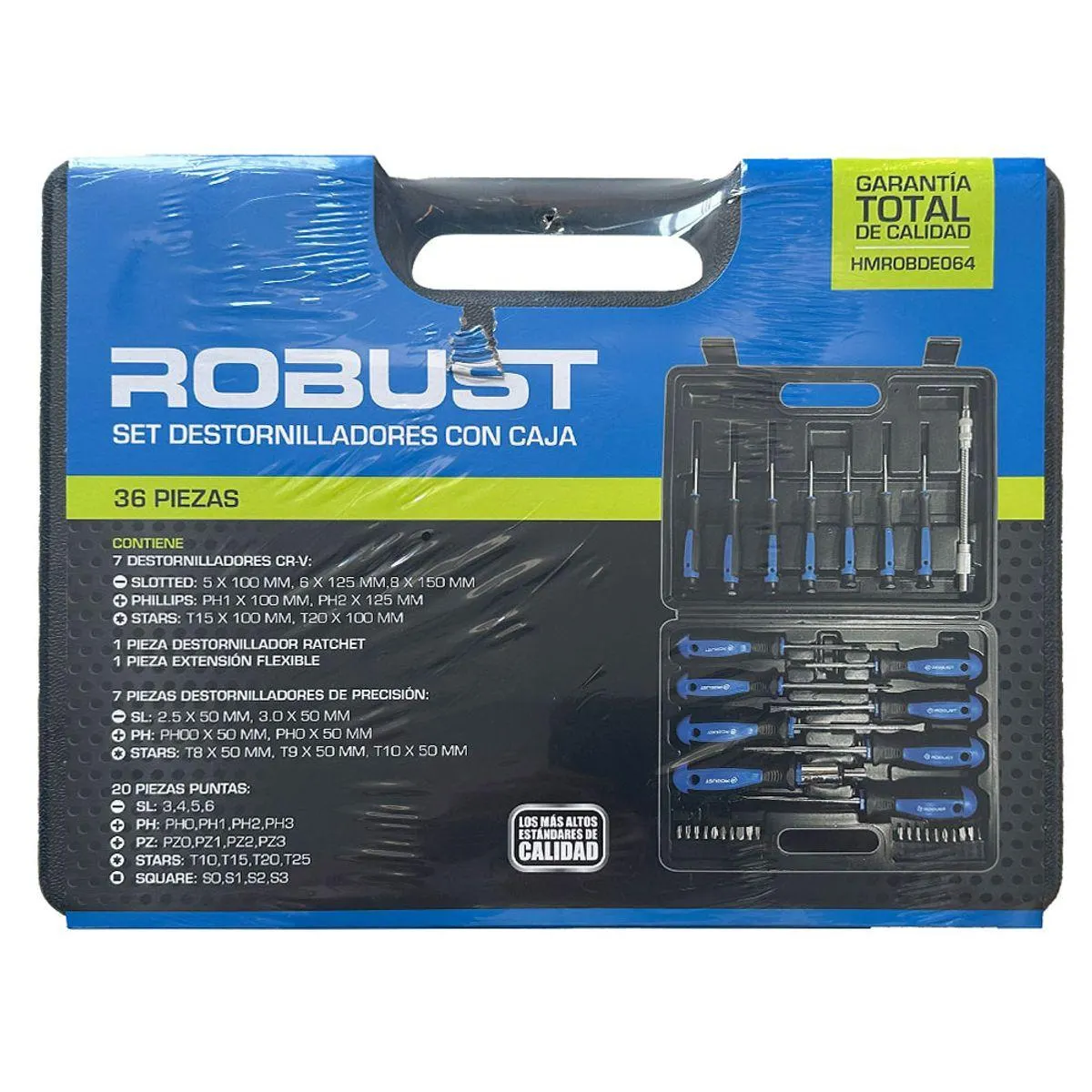 Set Destornilladores con Caja 36 Piezas 7 CR-V + Ratchet + 20 Puntas Robust