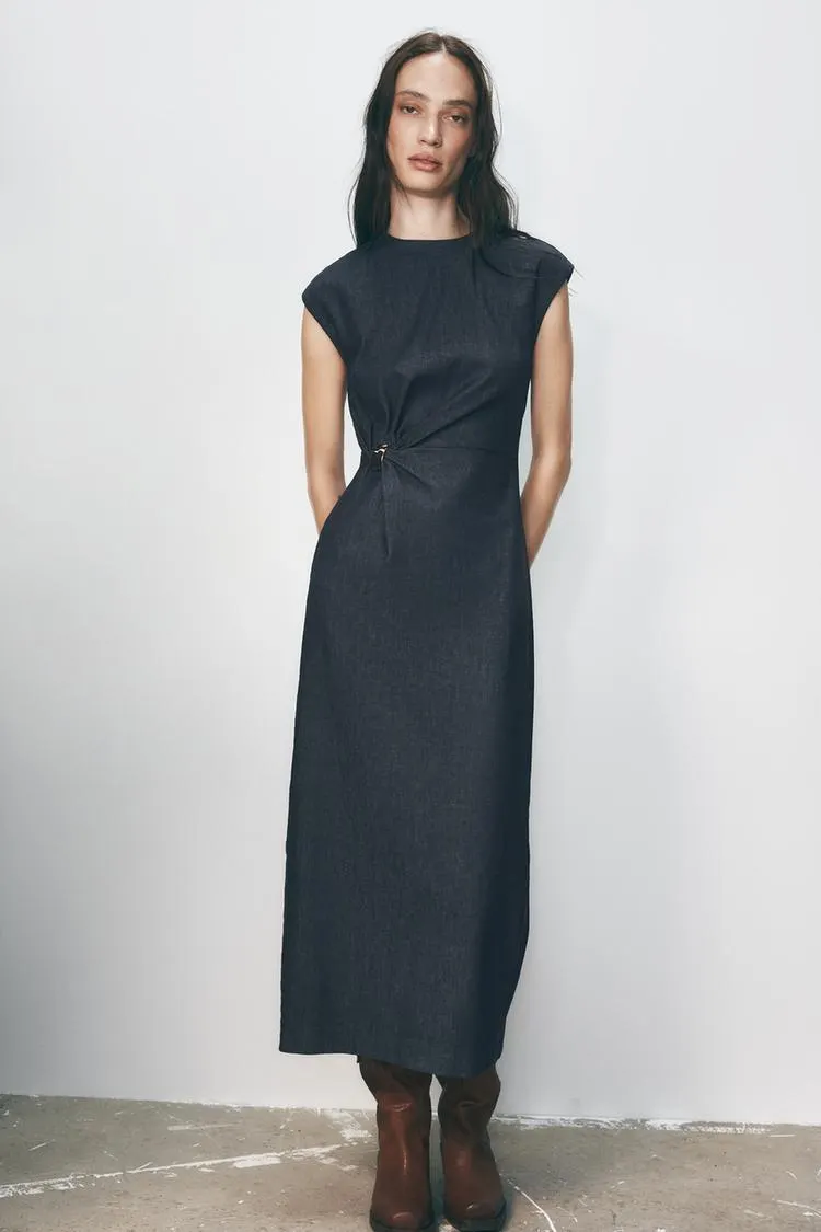 VESTIDO Z1975 MIDI DENIM APLIQUE DORADO