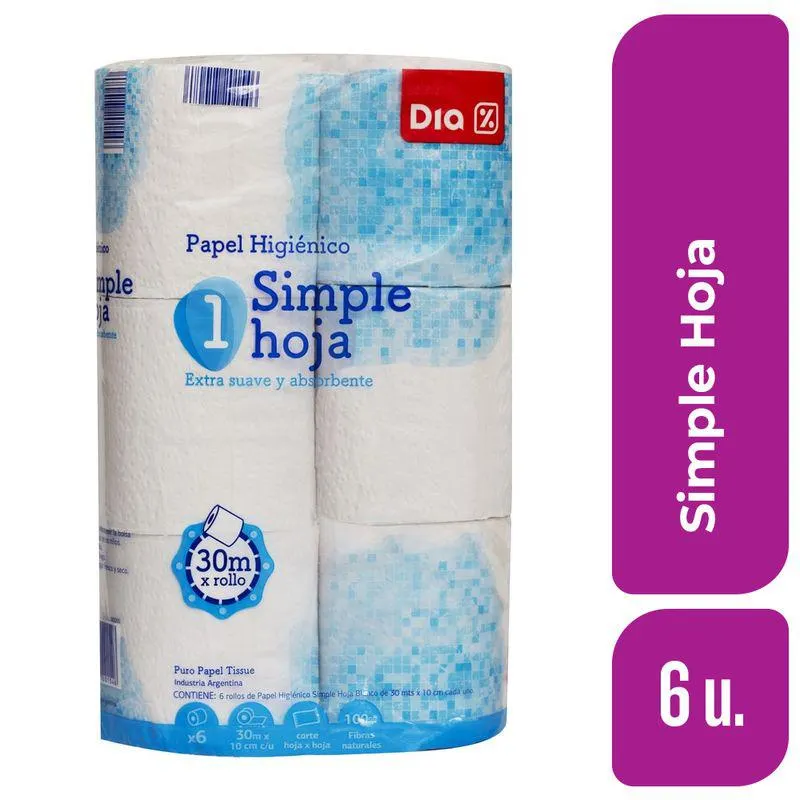 Papel Higiénico DIA Simple Hoja 6 rollos 30 Mts.