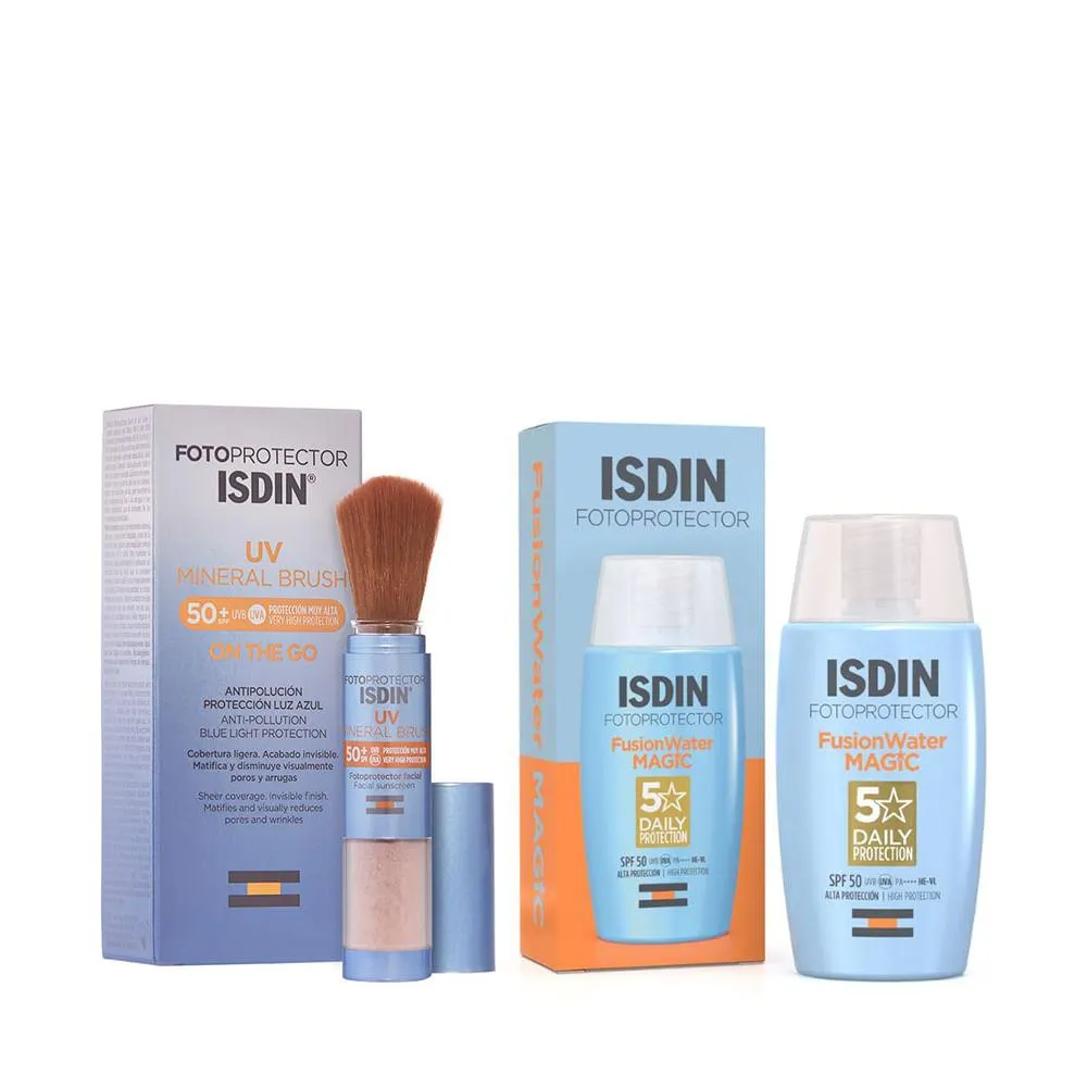 Combo Isdin Fotoprotector Sun Brush Mineral 50 + Brocha Ultraligera + Protector Solar Facial Fotoprotector Fusion Water Magic SFP 50 x 50 ml
