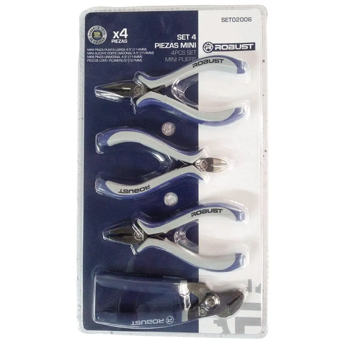 Set de 4 Piezas Mini Pinzas + Alicate + Llave Robust