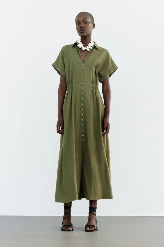 VESTIDO CAMISERO MIDI CON LINO